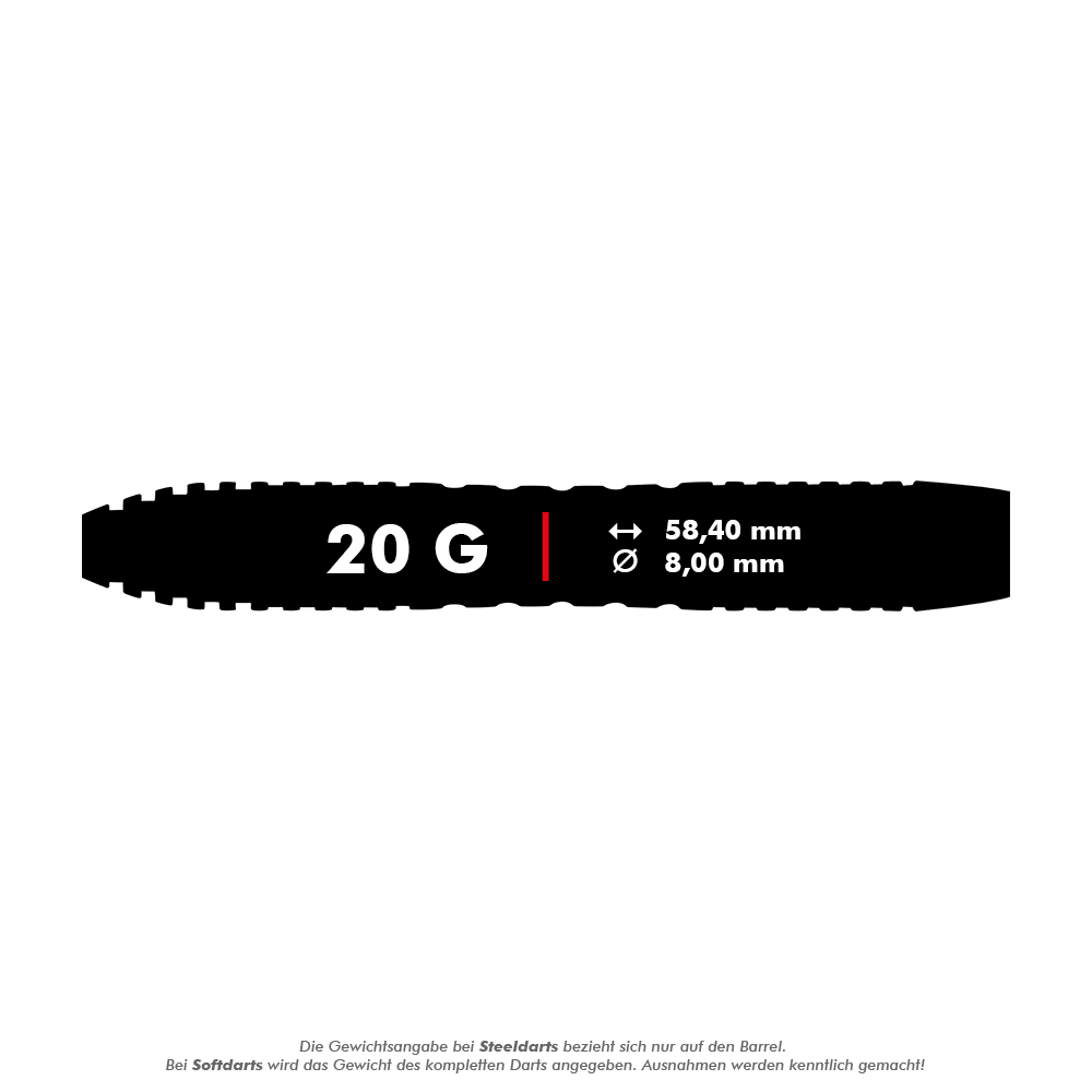 Winmau Joe Cullen Brass Steeldarts - 20g Das Bild zeigt einen Winmau Joe Cullen Brass Steeldart mit einem Gewicht von 20 Gramm. Die Länge beträgt 58,40 mm und der Durchmesser 8,00 mm.