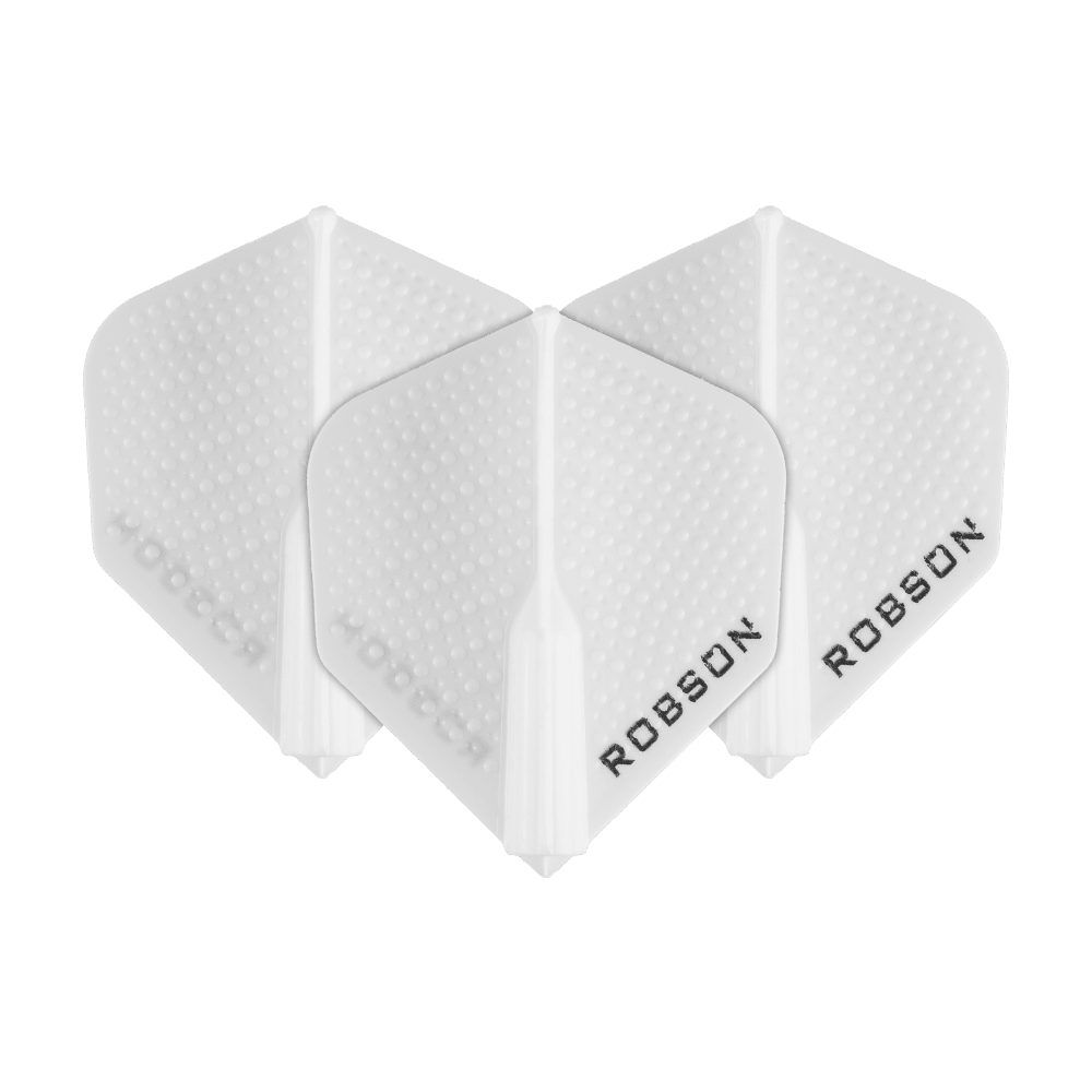 Robson Plus Dimple Flights - Weiß Das Bild zeigt drei weiße Robson Plus Dimple Flights für Dartpfeile. Die Flights haben eine strukturierte Oberfläche und tragen den Schriftzug "ROBSON".