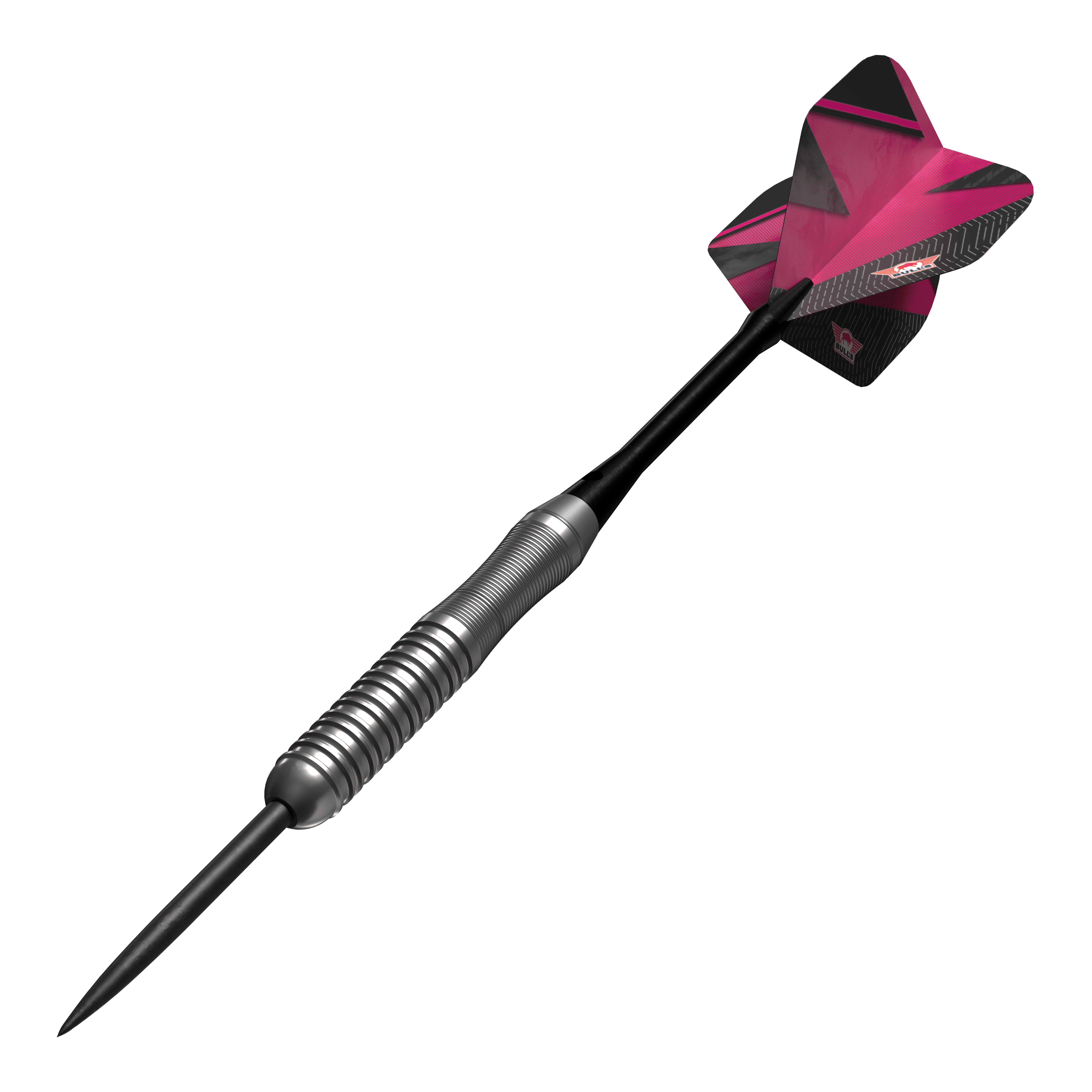 Bulls NL Lightning Pink steel darts Das Bild zeigt einen Steeldartpfeil mit silbernem Griff und einer pink-schwarzen Flights. Es handelt sich um das Produkt "Bulls NL Lightning Pink Steeldarts".