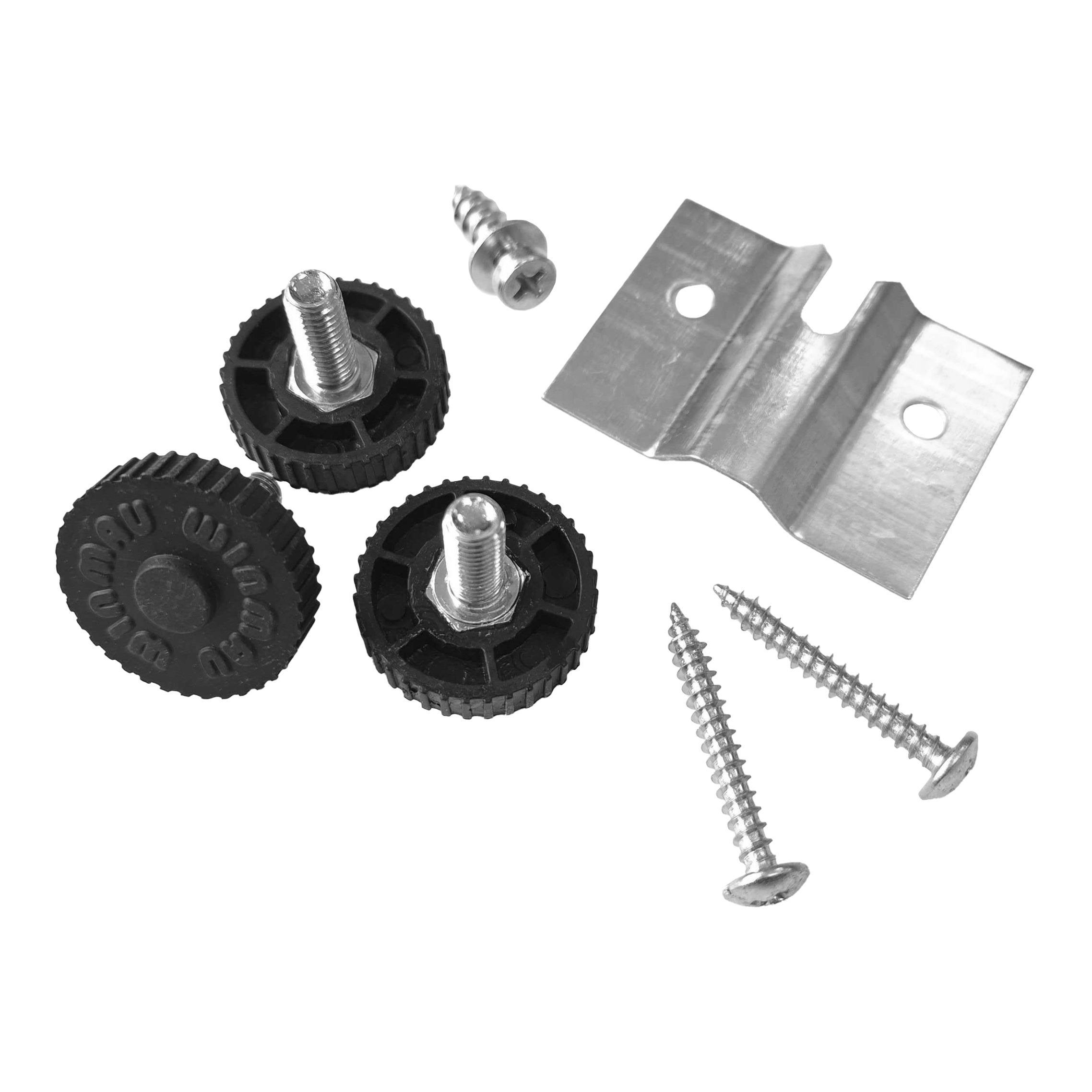Winmau Rota-Lock Blade 6 wall mount Das Bild zeigt den Winmau Rota-Lock Blade 6 Wandhalterungssatz mit Schrauben, Metallhalterung und schwarzen Befestigungsrädern. Dieses Set wird zur sicheren Wandbefestigung eines Dartboards verwendet.