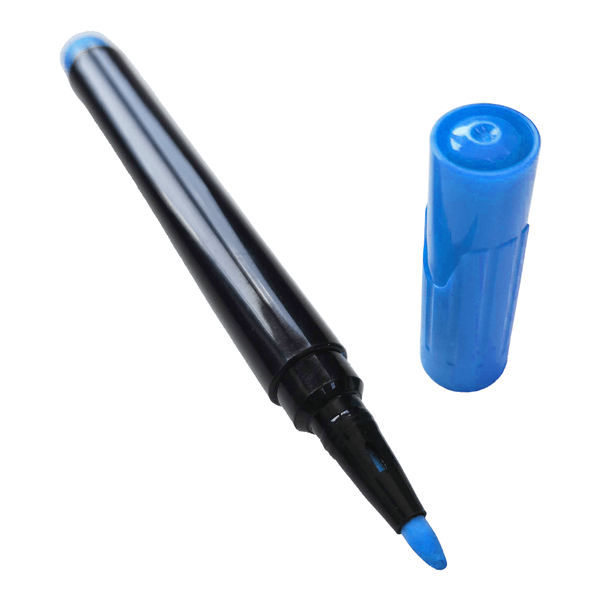 Auf dem Bild ist ein blauer Boardmarker mit abgenommener Kappe zu sehen. Die Spitze des Markers ist ebenfalls blau.