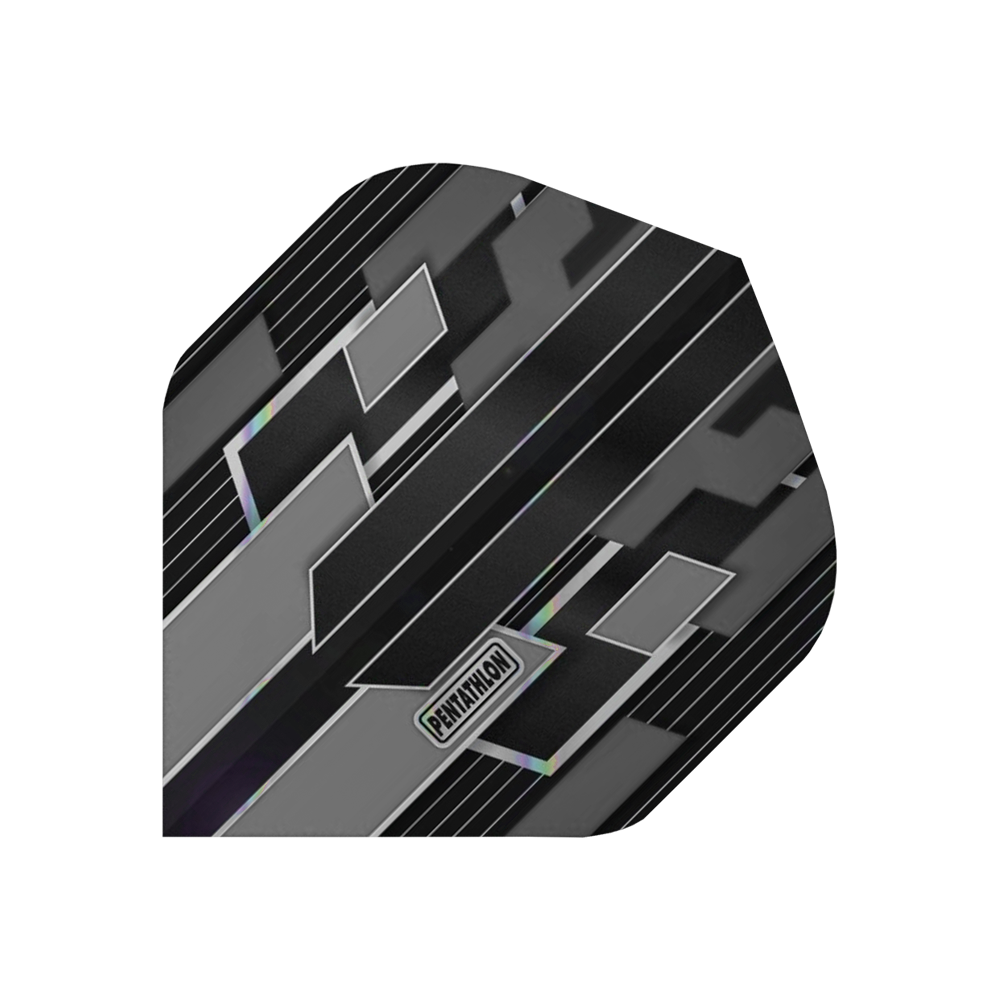 P30_Pentathlon_Gilded_Standard_Flights_Grau_1 Das Bild zeigt einen Dartflight mit dem Namen "Pentathlon Gilded Standard Flights Grau". Das Design ist grau, schwarz und silbern mit geometrischen Mustern und dem Schriftzug "Pentathlon" in der Mitte.