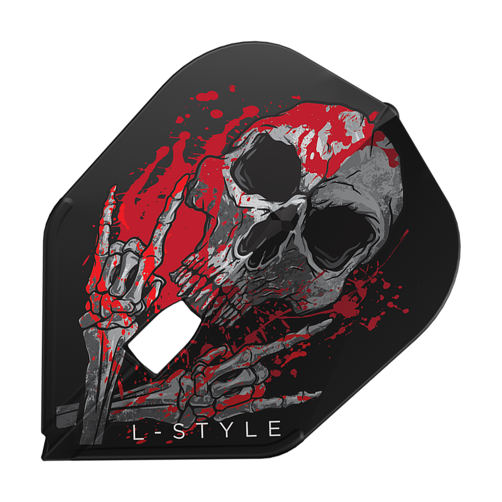 L-Style Ryan Searle V3 L3PRO Black Flights Das Bild zeigt das Produkt "L-Style Ryan Searle V3 L3PRO Black Flights". Auf dem Flight ist ein Totenkopf mit roten Farbklecksen und skelettierten Händen abgebildet.