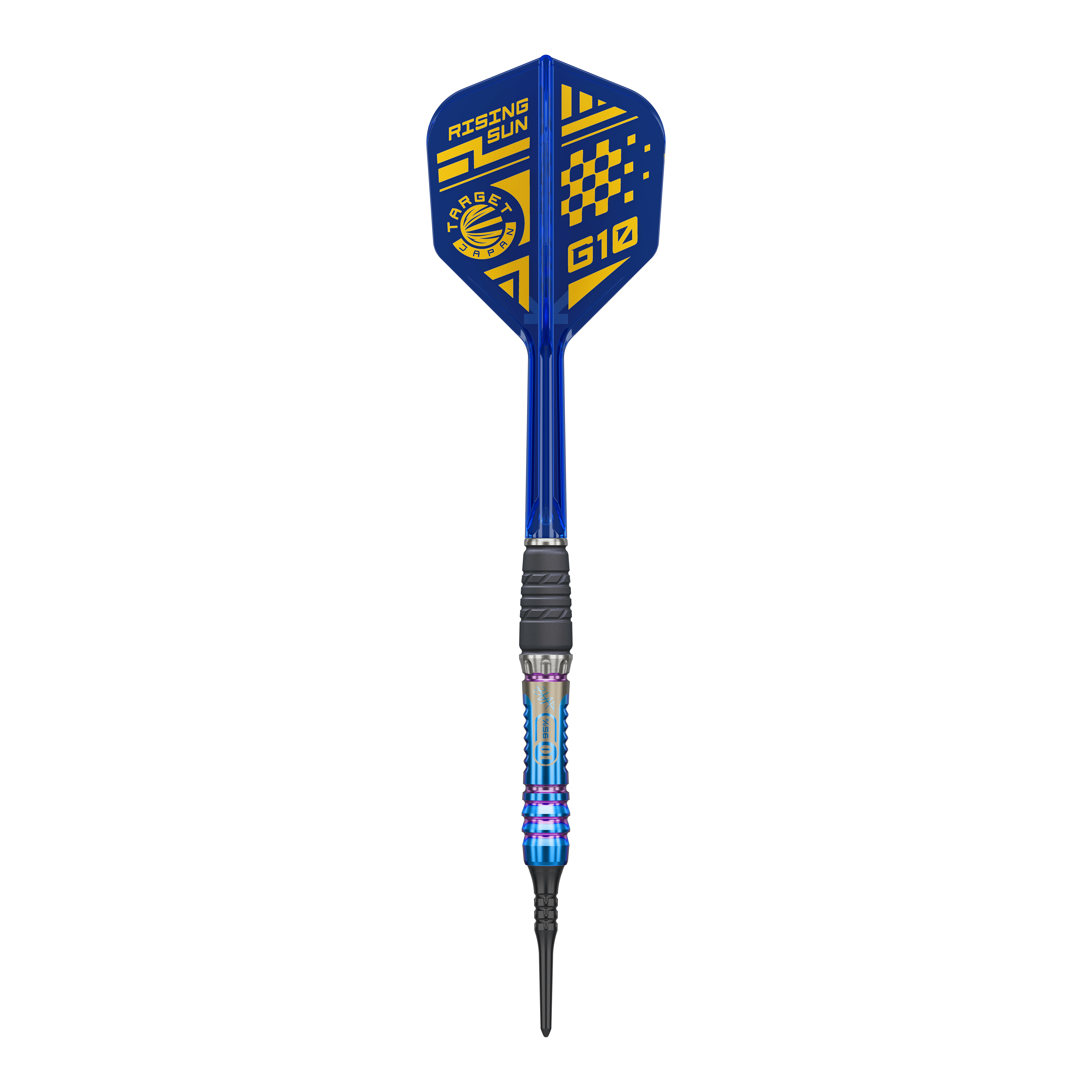 Dieses Bild zeigt den Target Japan Rising Sun GEN10 Softdarts mit 21,5g. Der Dart besticht durch seine auffällige Gestaltung und hervorragende Verarbeitung.