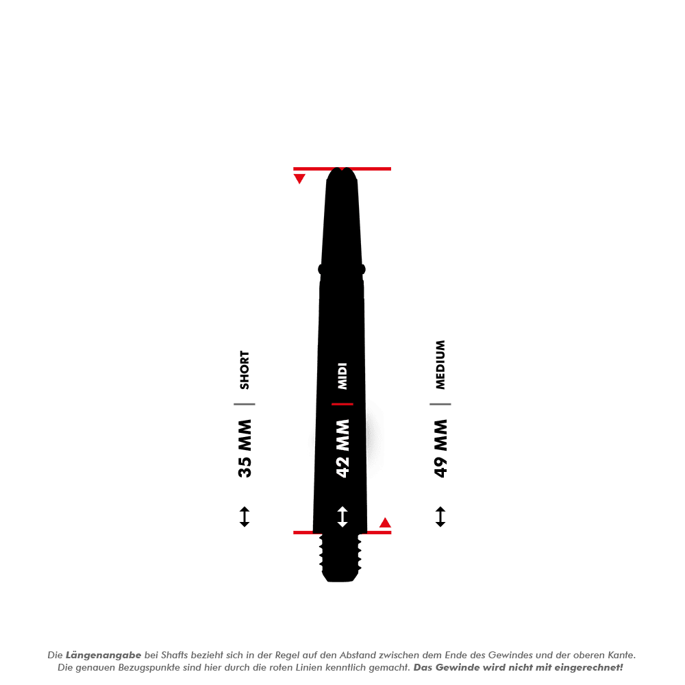 _Harrows_Carbon_360_Shafts_5_42mm29gjepPhijpB1 Das Bild zeigt eine Dartshaft mit drei verschiedenen Längenangaben: 35 mm (Short), 42 mm (Midi) und 49 mm (Medium). Die Messpunkte für die Längen sind durch rote Linien markiert, und das Gewinde wird nicht mit einberechnet.
