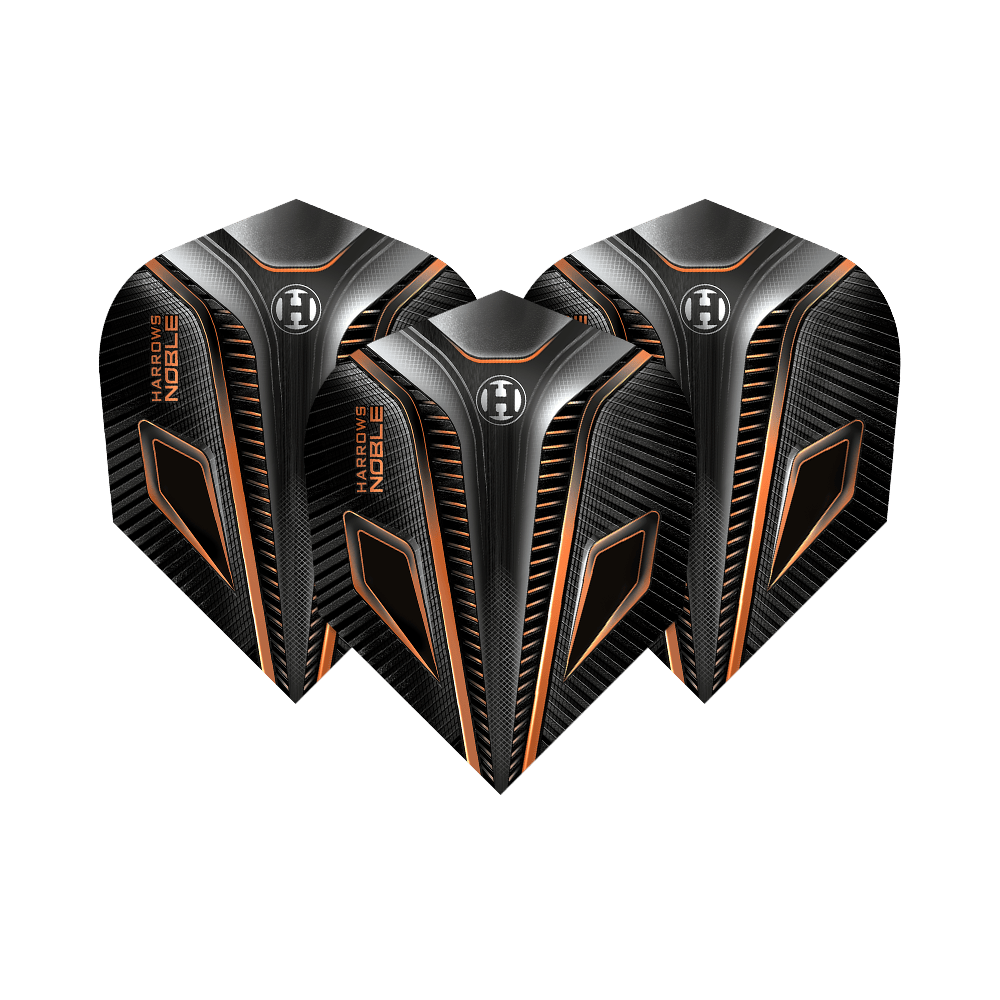 HR5_Harrows_Noble_Rich_Gold_Standard_Flights_1Vod1kggTQ5SIh Das Bild zeigt drei Harrows Noble Rich Gold Standard Flights. Die Flights sind schwarz mit goldenen und orangefarbenen Akzenten gestaltet.