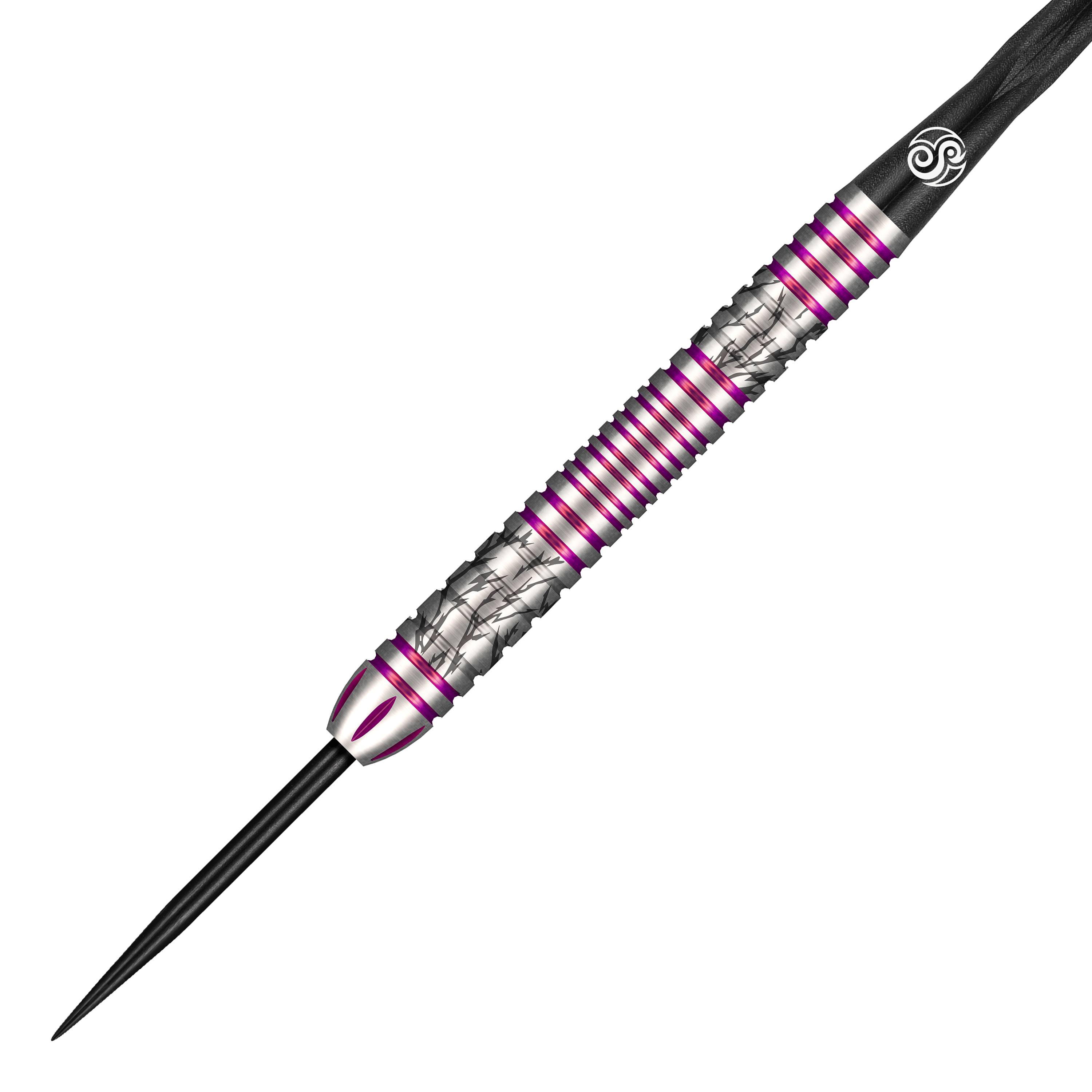 Das Bild zeigt einen Steeldart aus der Shot Pro Series Barora Hospodarska mit einem Gewicht von 23g. Der Dart ist silberfarben mit lila Akzenten und besitzt ein auffälliges, strukturiertes Design.