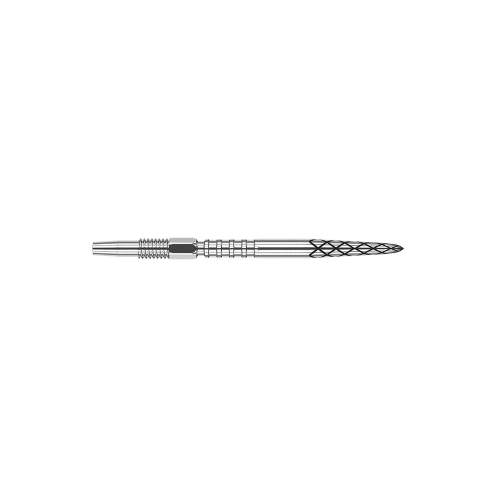 Target Swiss DS Surge Point Dart Tips - Silver Das Bild zeigt eine silberne Dartspitze mit mehreren feinen Rillen und Mustern. Die Spitze ist lang und schlank mit unterschiedlichen Strukturen zur besseren Griffigkeit.