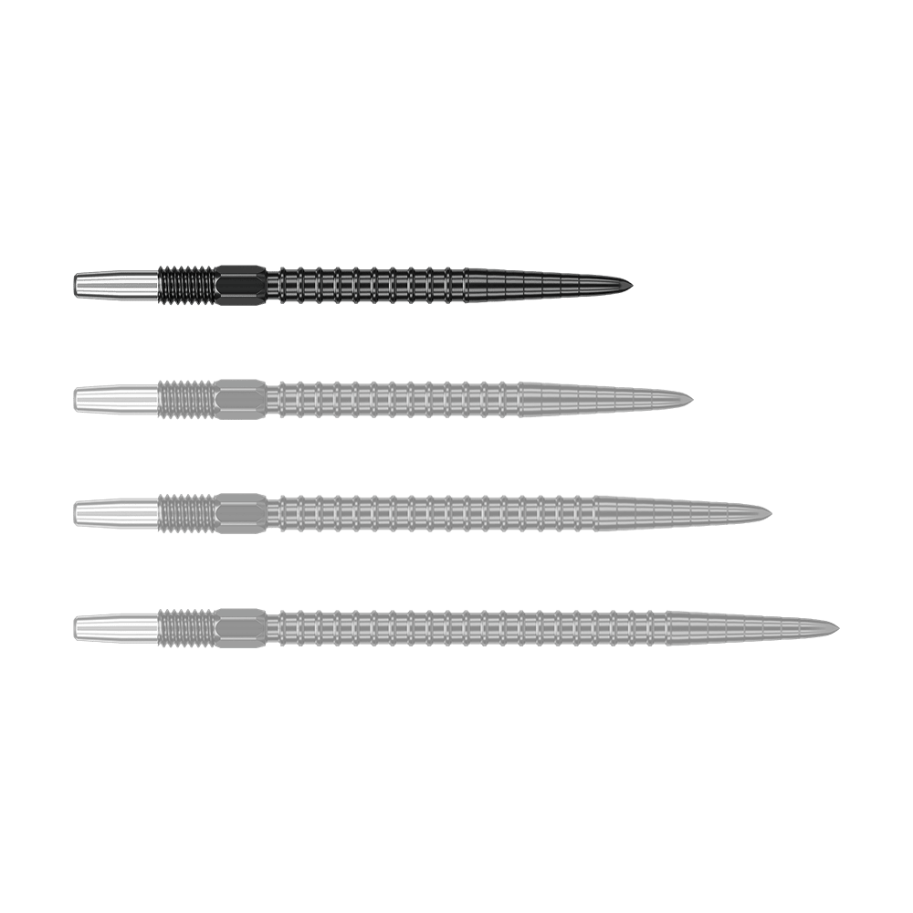 Target Swiss Point Chrono Dart Tips - Black Auf dem Bild sind vier schwarze Dartspitzen in einer Reihe zu sehen. Sie haben einen geriffelten Griff und eine spitz zulaufende Form.
