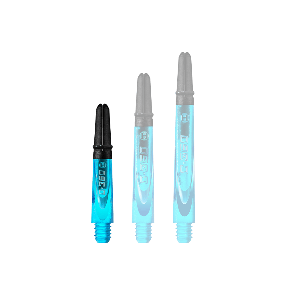 HR443_Harrows_Carbon_360_Shafts_Aqua_35mm_1 Das Bild zeigt drei blaue Dartschäfte mit schwarzem Kopf in unterschiedlichen Längen. Auf jedem Schaft steht der Schriftzug "C.360".