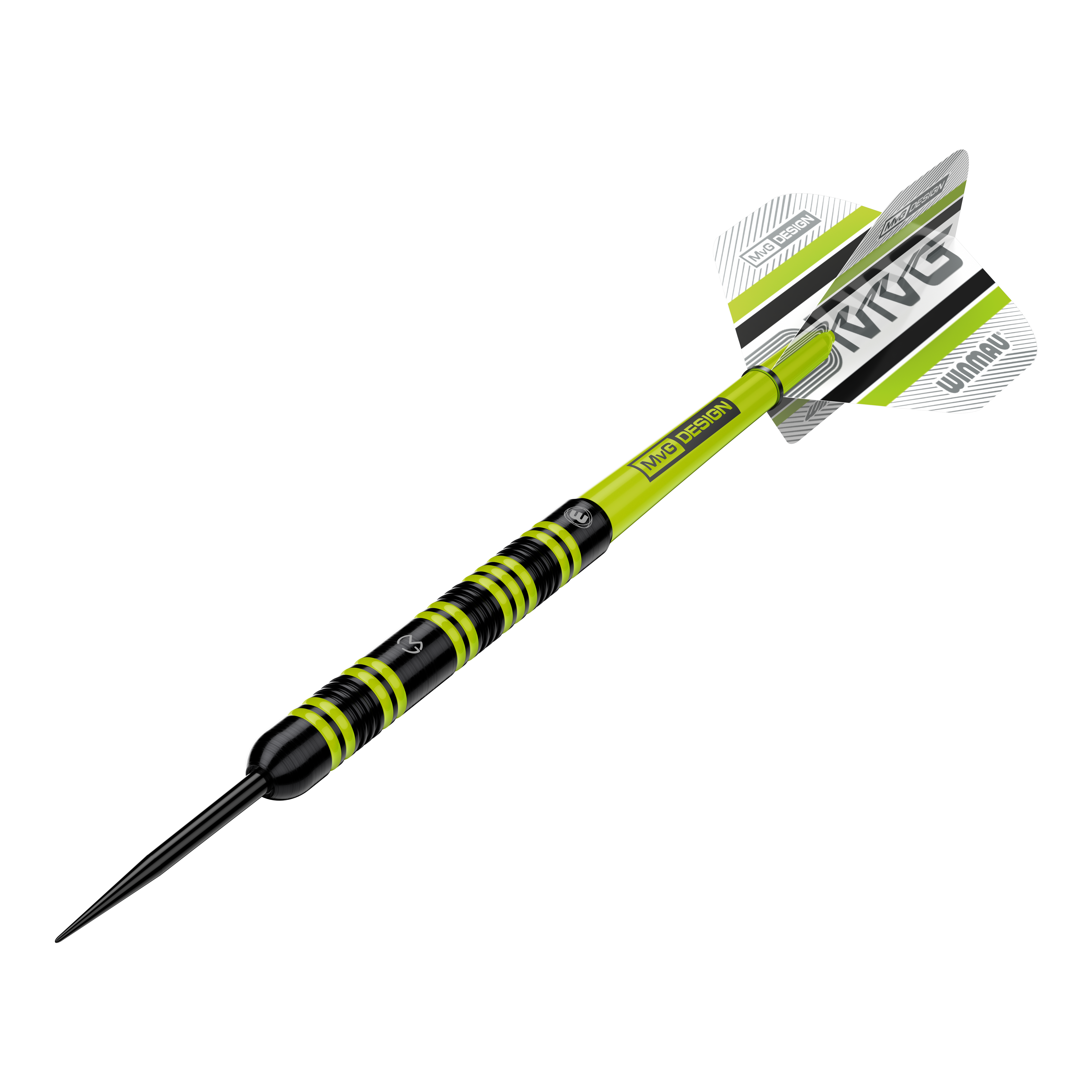 Winmau Michael Van Gerwen 85 Pro-Series steel darts Das Bild zeigt einen Winmau Michael Van Gerwen 85 Pro-Series Steeldart. Der Dart hat ein auffälliges Design mit schwarzen und leuchtend grünen Akzenten sowie einem MVG-Logo auf den Flights.