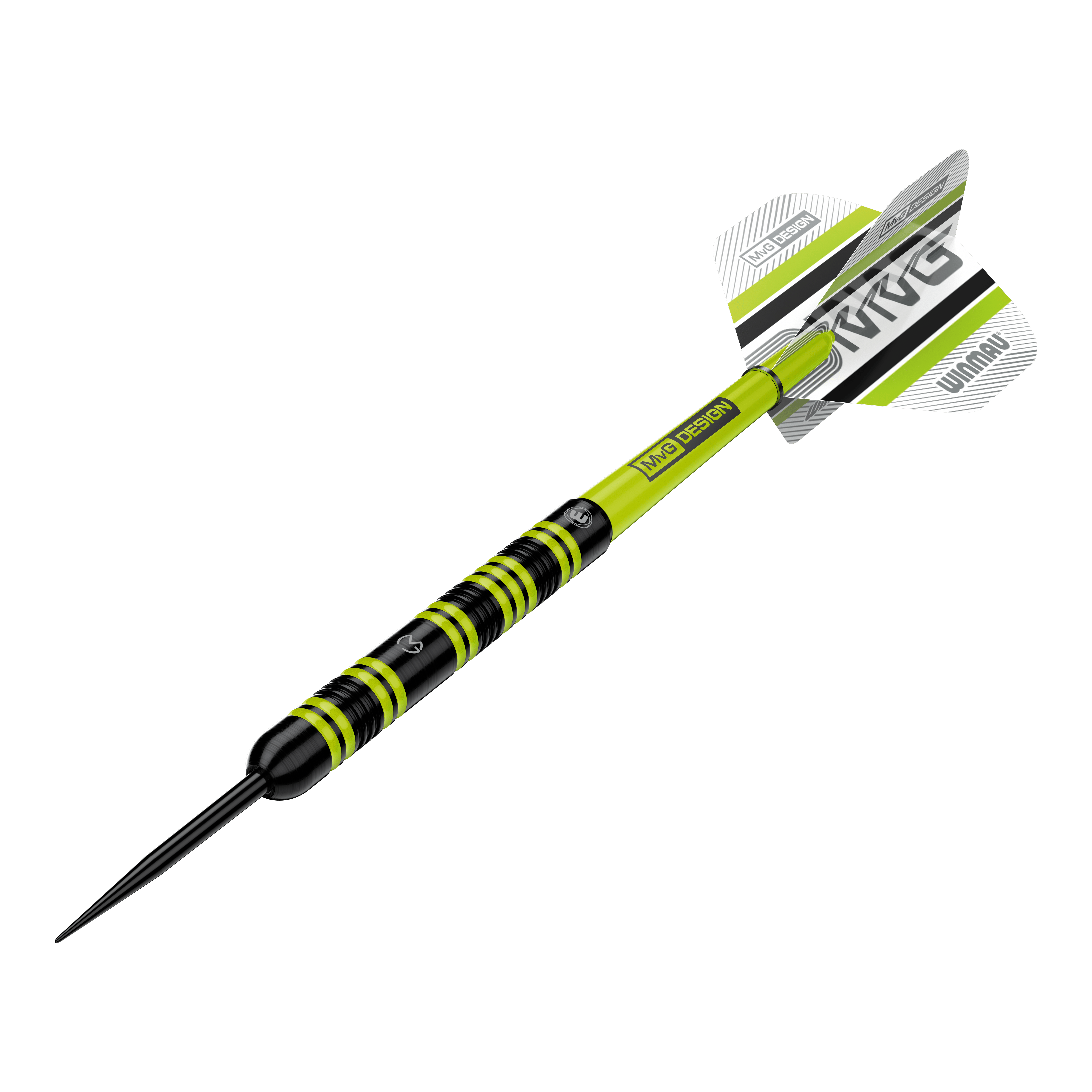 Winmau Michael Van Gerwen 85 Pro-Series steel darts Das Produkt Winmau Michael Van Gerwen 85 Pro-Series Steeldarts ist in einer alternativen Ansicht abgebildet. Die Darts sind in einer Linie angeordnet.