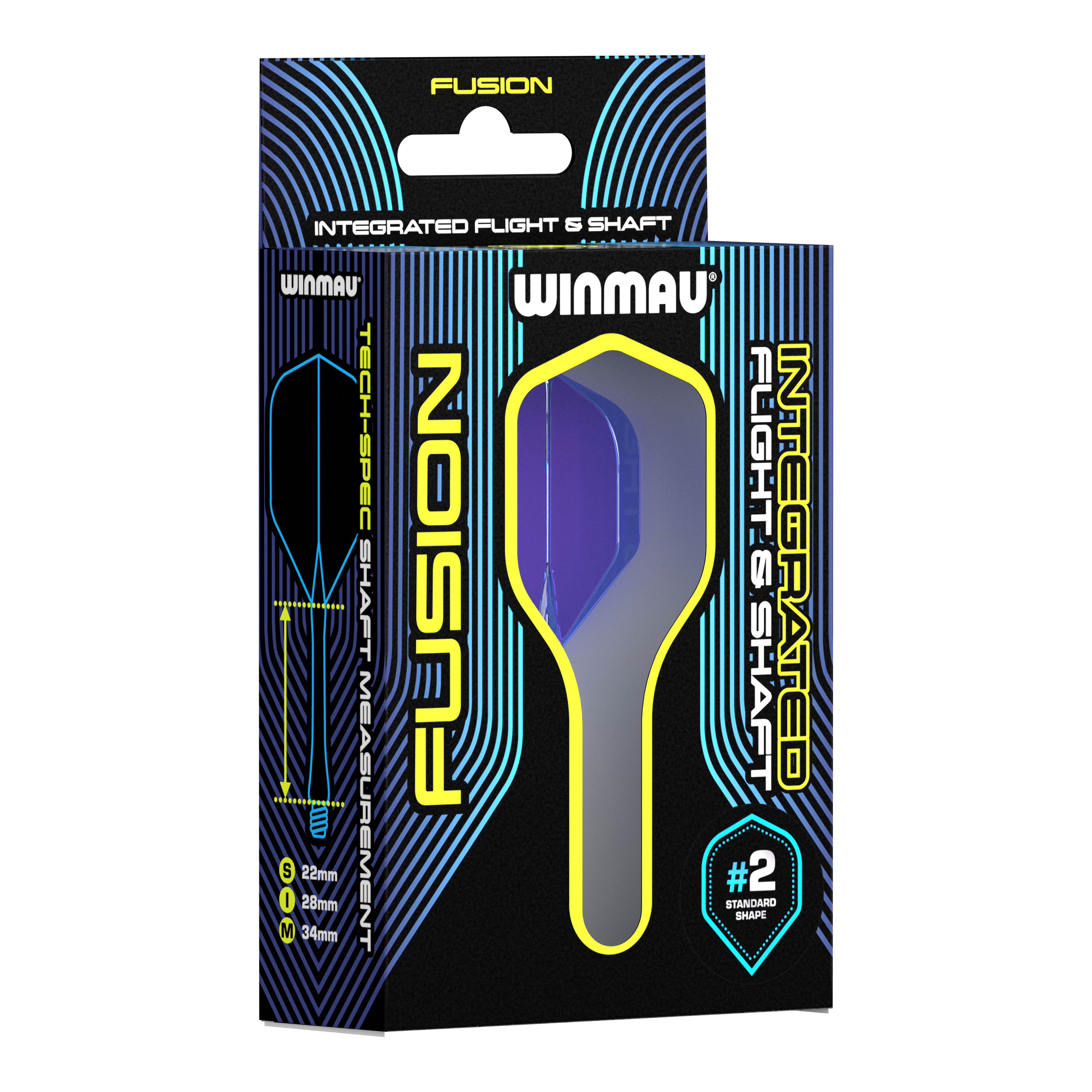 Winmau Fusion Flight Shaft System Standard Blue Auf dem Bild ist eine Verpackung des Winmau Fusion Integrated Flight & Shaft Systems zu sehen. Die abgebildete Variante ist blau und hat eine Länge von 22 mm (#2 Standardform).