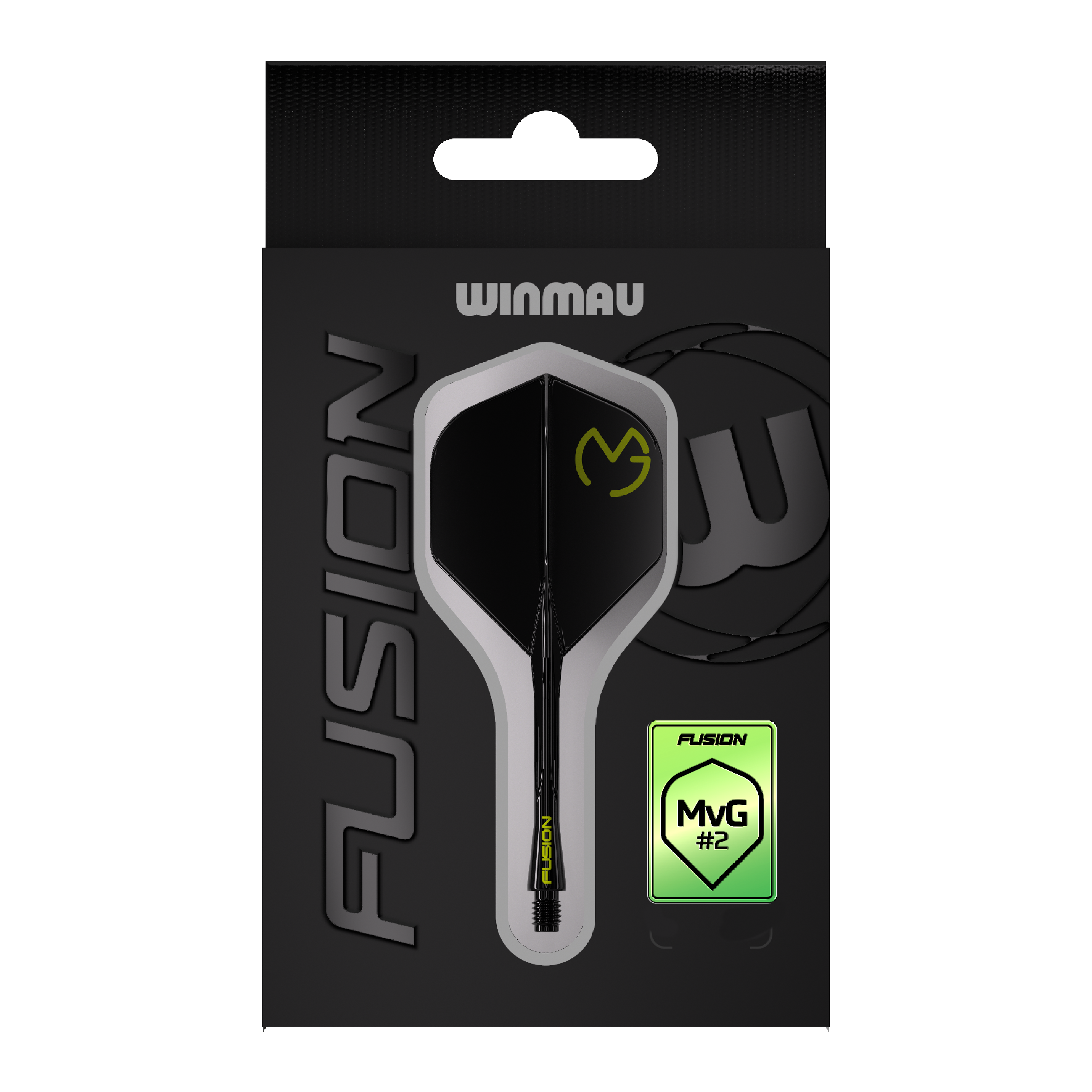 Winmau Fusion Flight Shaft System Michael Van Gerwen Pacman No2 Standard Das Bild zeigt die Verpackung des Winmau Fusion Flight-Shaft-Systems Michael Van Gerwen Pacman Nr. 2 Standard. Das Produkt ist schwarz mit gelben Akzenten gestaltet und trägt das MVG-Logo.