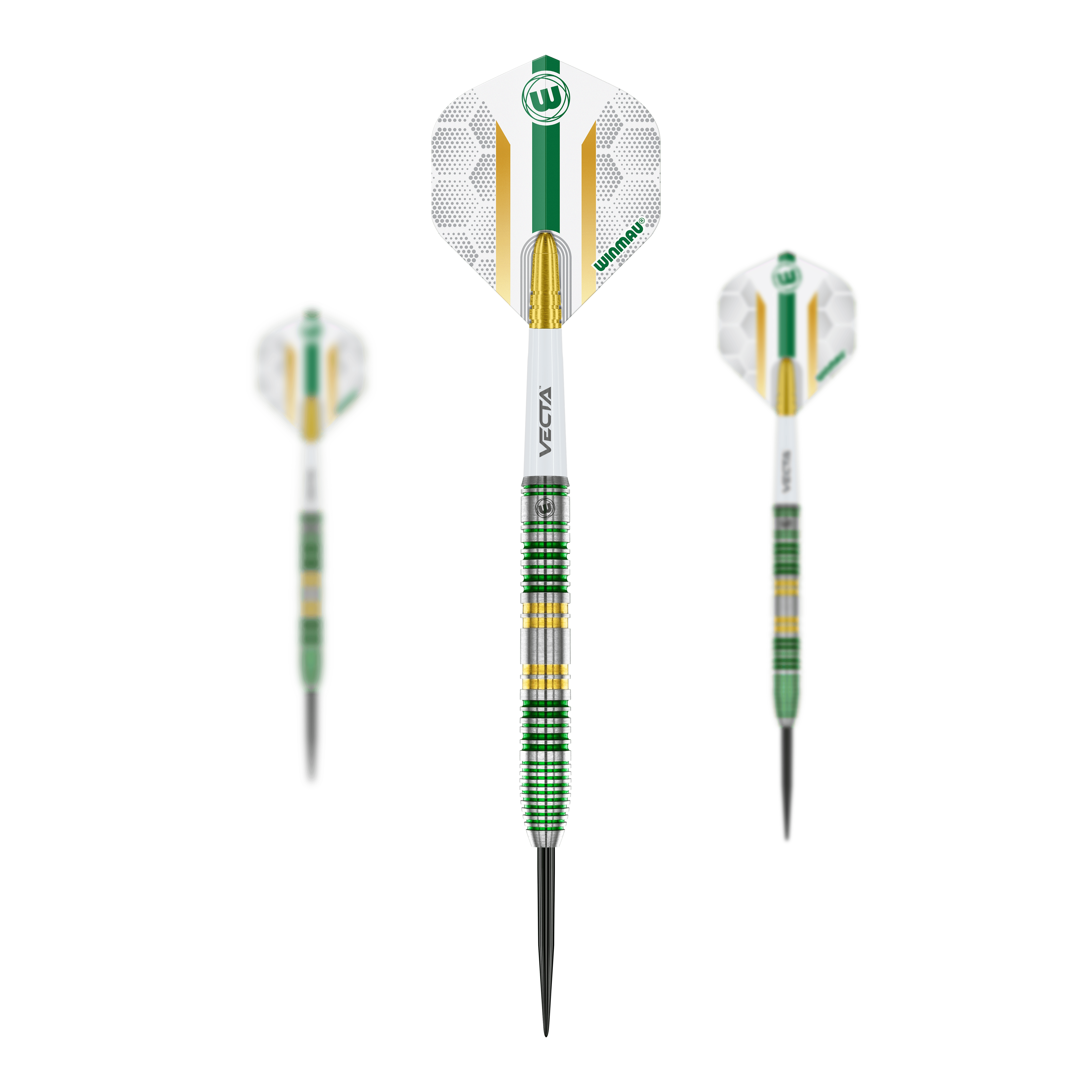 Winmau Xenon Steeldarts Das Bild zeigt drei Winmau Xenon Steeldarts mit weiß-grünen Flights und gestreiften Schäften. Die Darts haben goldene, grüne und silberne Akzente.