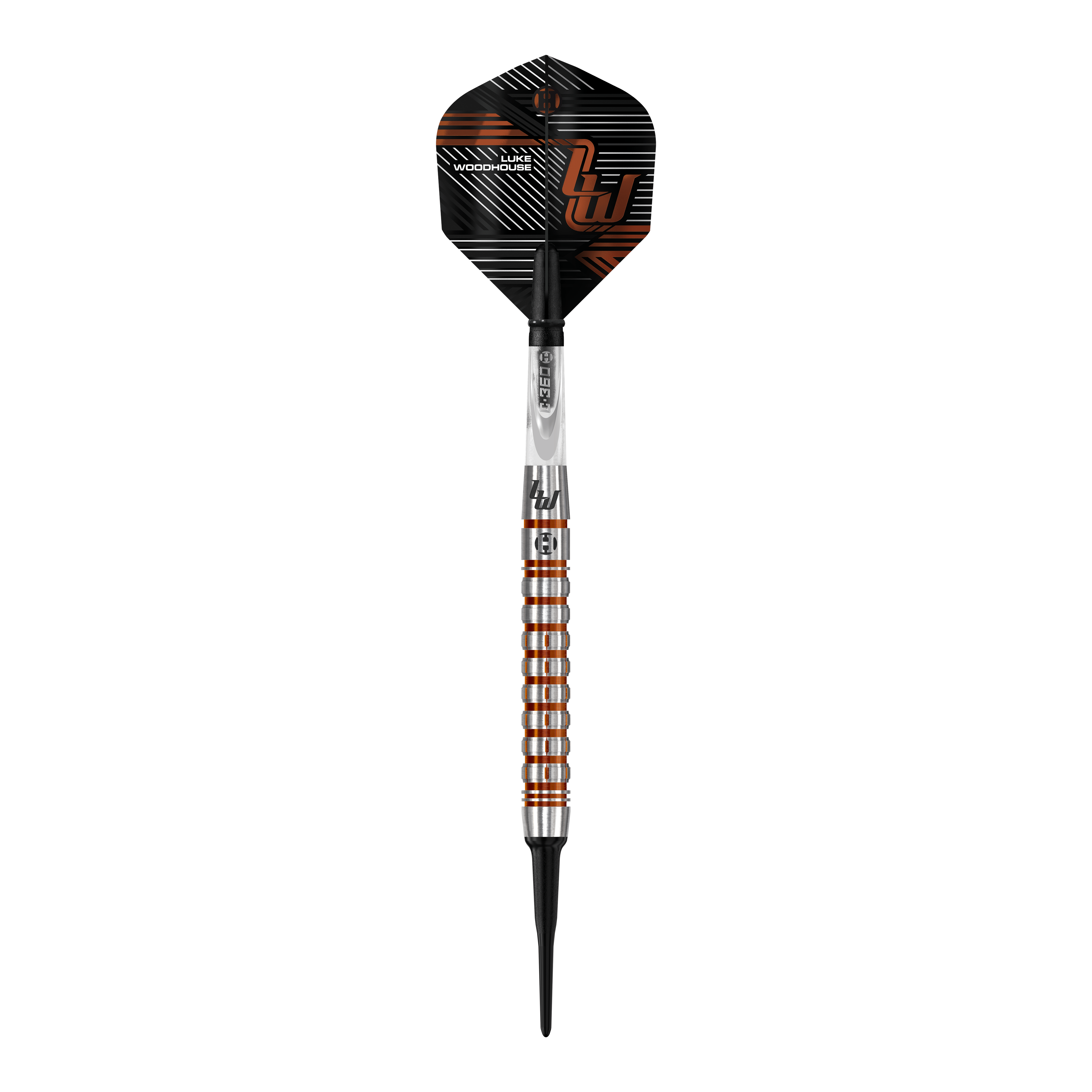 Harrow's Luke Woodhouse Series 2 Soft Darts - 18g Das Bild zeigt den Harrows Luke Woodhouse Series 2 Softdart mit einem Gewicht von 18g. Der Dartpfeil hat ein modernes, silber-orangenes Design mit schwarzen Akzenten.