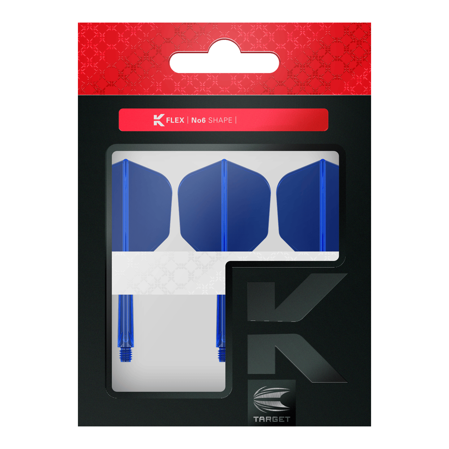 Target K-Flex No6 Flight System - Blue Das Bild zeigt eine Verpackung mit drei blauen Dartflights und Schäften der Marke Target. Die Verpackung ist überwiegend schwarz mit einem roten oberen Bereich und Sichtfenster.