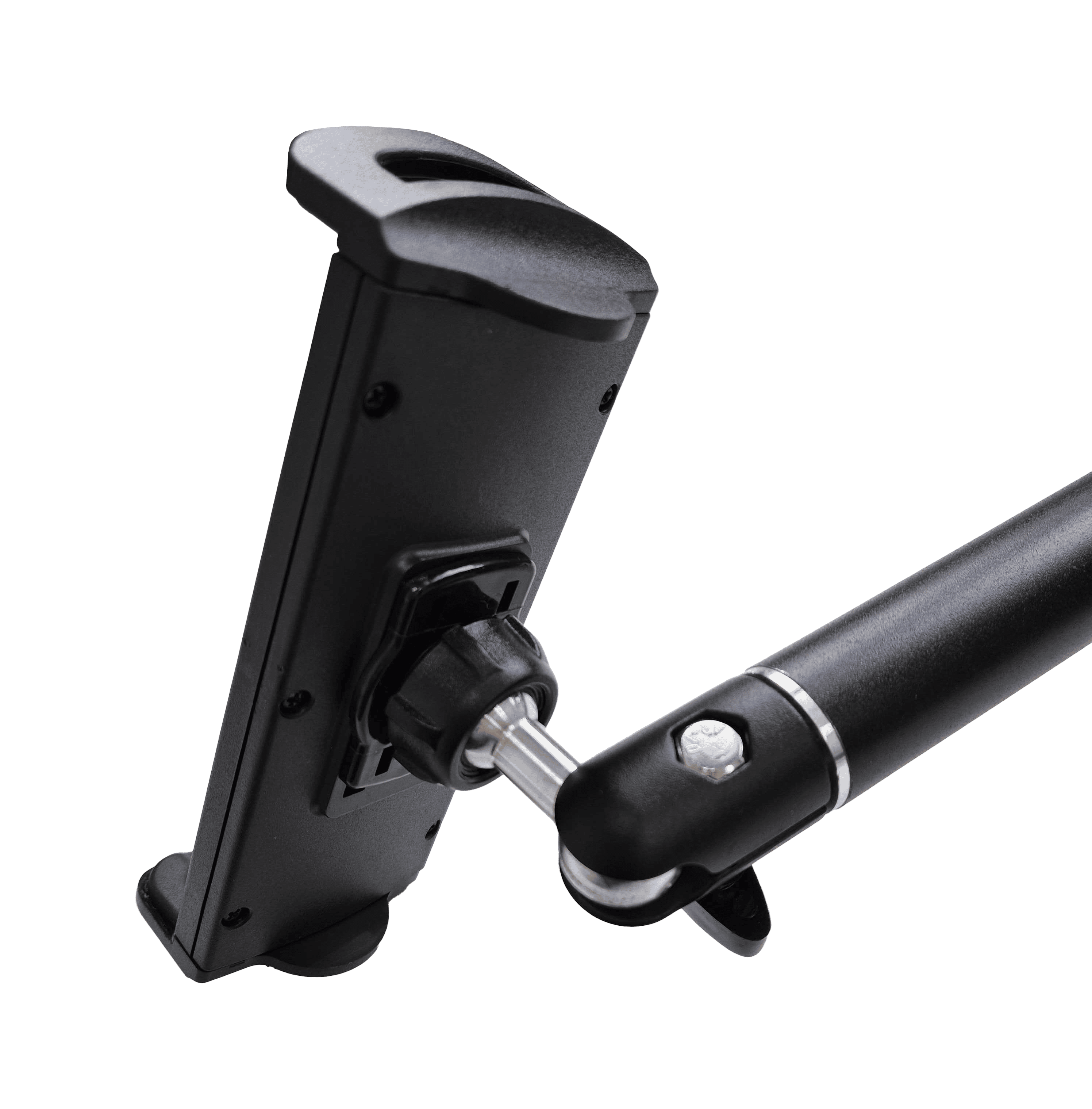 McDart TABFlex tablet wall mount with flexible arm Das Bild zeigt die McDart TABFlex Tablet Wandhalterung mit flexiblem Arm. Die Halterung ist schwarz und lässt sich einstellen, um ein Tablet sicher zu befestigen.