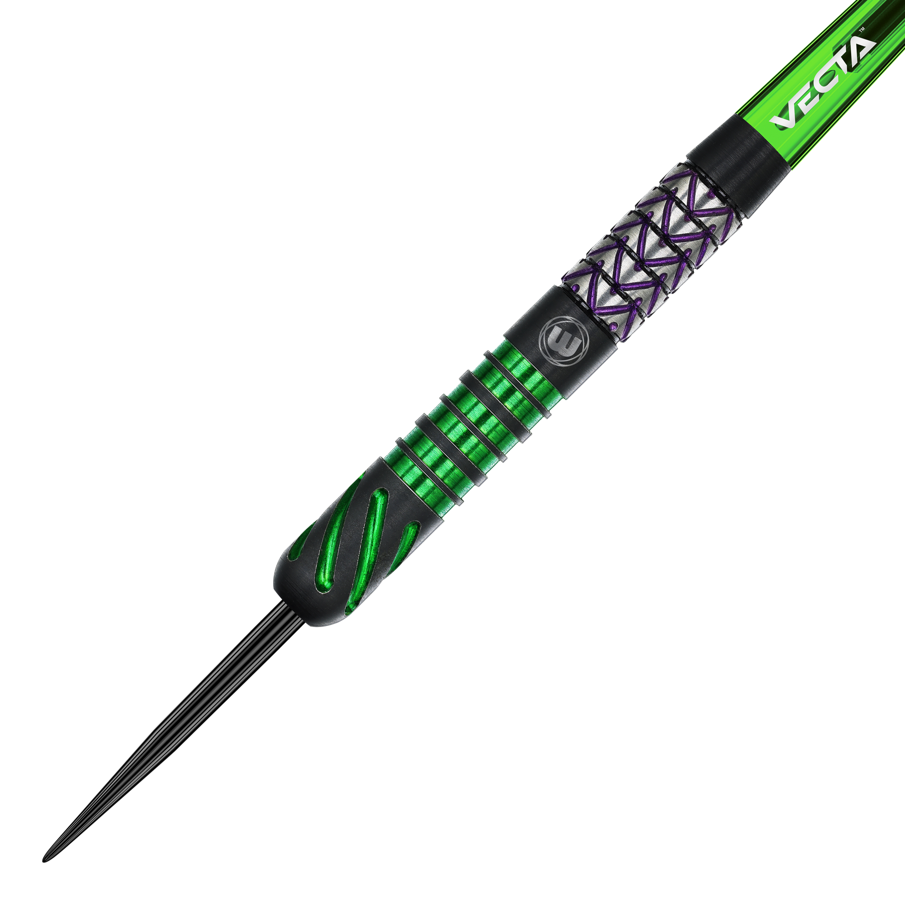 Hier sieht man die Winmau Mike Maloney Steeldarts. Die Steeldarts sind für Präzisionswürfe geeignet.