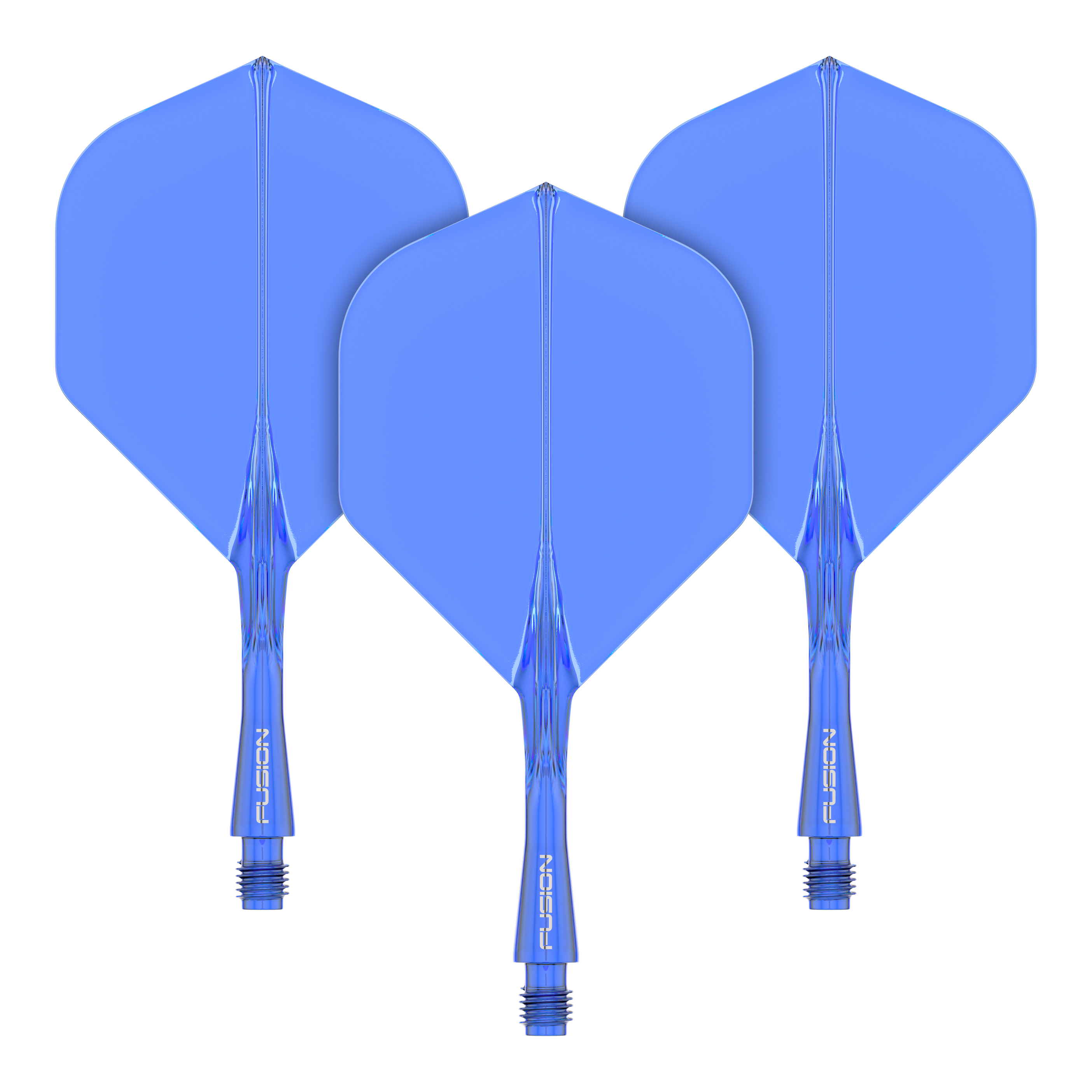 Winmau Fusion Flight Shaft System Standard Blue Das Bild zeigt drei blaue Dart-Flights mit Schäften des Winmau Fusion Flight Shaft Systems. Sie sind in einer Reihe angeordnet und jeder Schaft ist 22 mm lang.