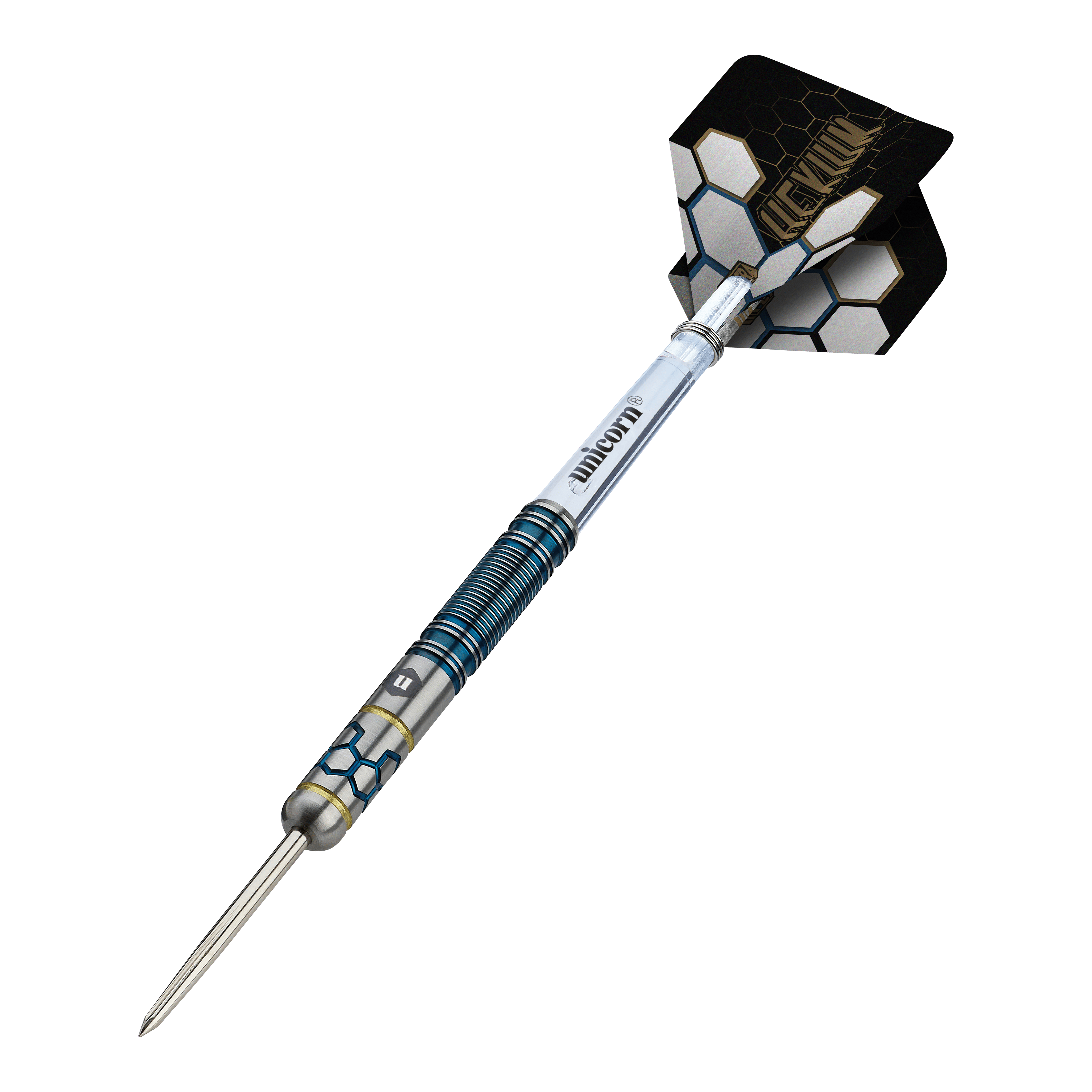 Das Foto zeigt die Unicorn Hexium Style 02 Blue & Gold Steeldarts. Es handelt sich um hochwertige Steeldarts in Blau und Gold.