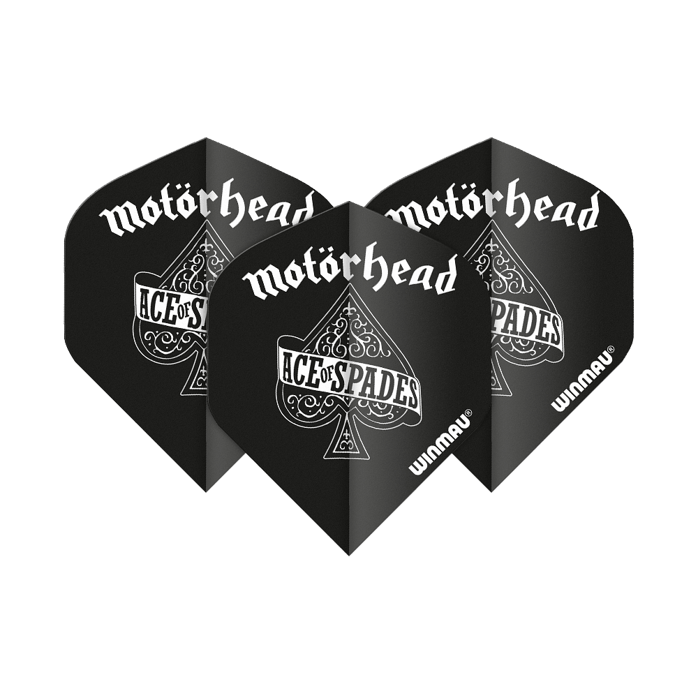 6905-210_Winmau_Rockstar_Legends_Mot-rhead_AoS_Standard_Flights_14RTqYndjcLOyb Das Bild zeigt vier schwarze Dart-Flights mit dem Schriftzug "Motörhead" und "Ace of Spades" darauf. Die Flights sind im Standard-Format und tragen das Winmau-Logo.