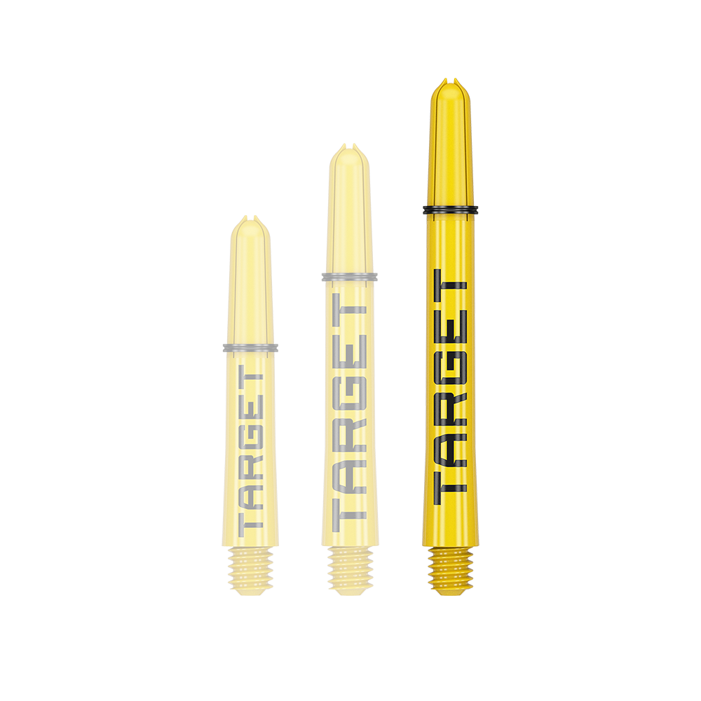 Target Pro Grip TAG Shafts - 3 Sets - Yellow Das Bild zeigt drei gelbe Dartschäfte in verschiedenen Längen. Auf jedem Schaft steht das Wort "TARGET" in schwarzer Schrift.