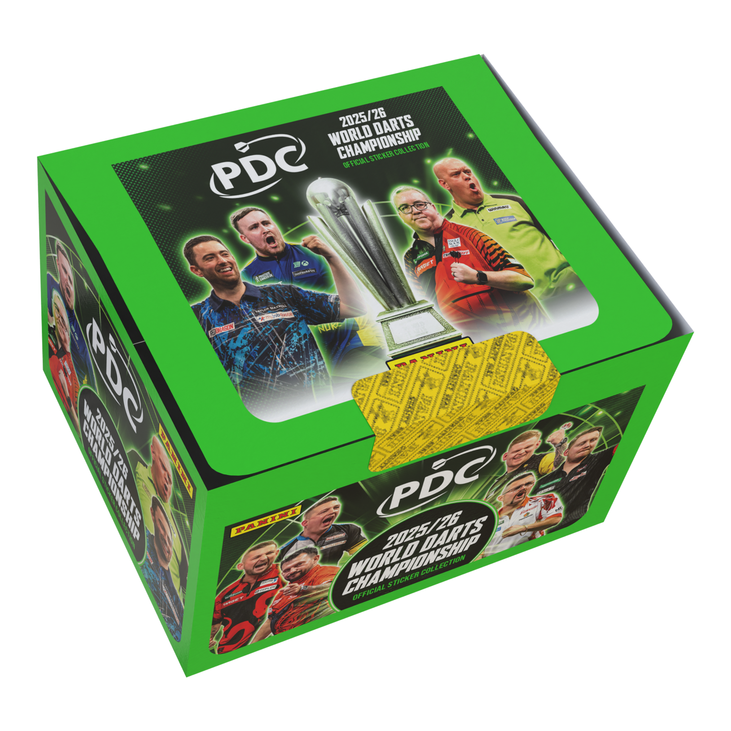 Zu sehen ist die Panini PDC World Darts Championship 2025/26 Stickerbox mit 65 Tüten. Die Stickerbox enthält viele Tüten zum Tauschen und Kleben.