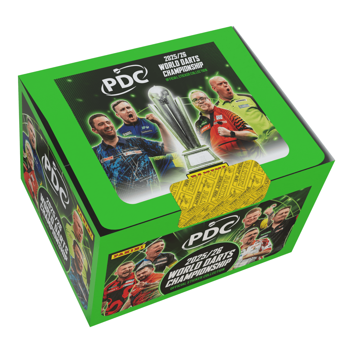 Panini PDC World Darts Championship 2025/26 - Sticker box with 65 packs Zu sehen ist die Panini PDC World Darts Championship 2025/26 Stickerbox mit 65 Tüten. Die Stickerbox enthält viele Tüten zum Tauschen und Kleben.