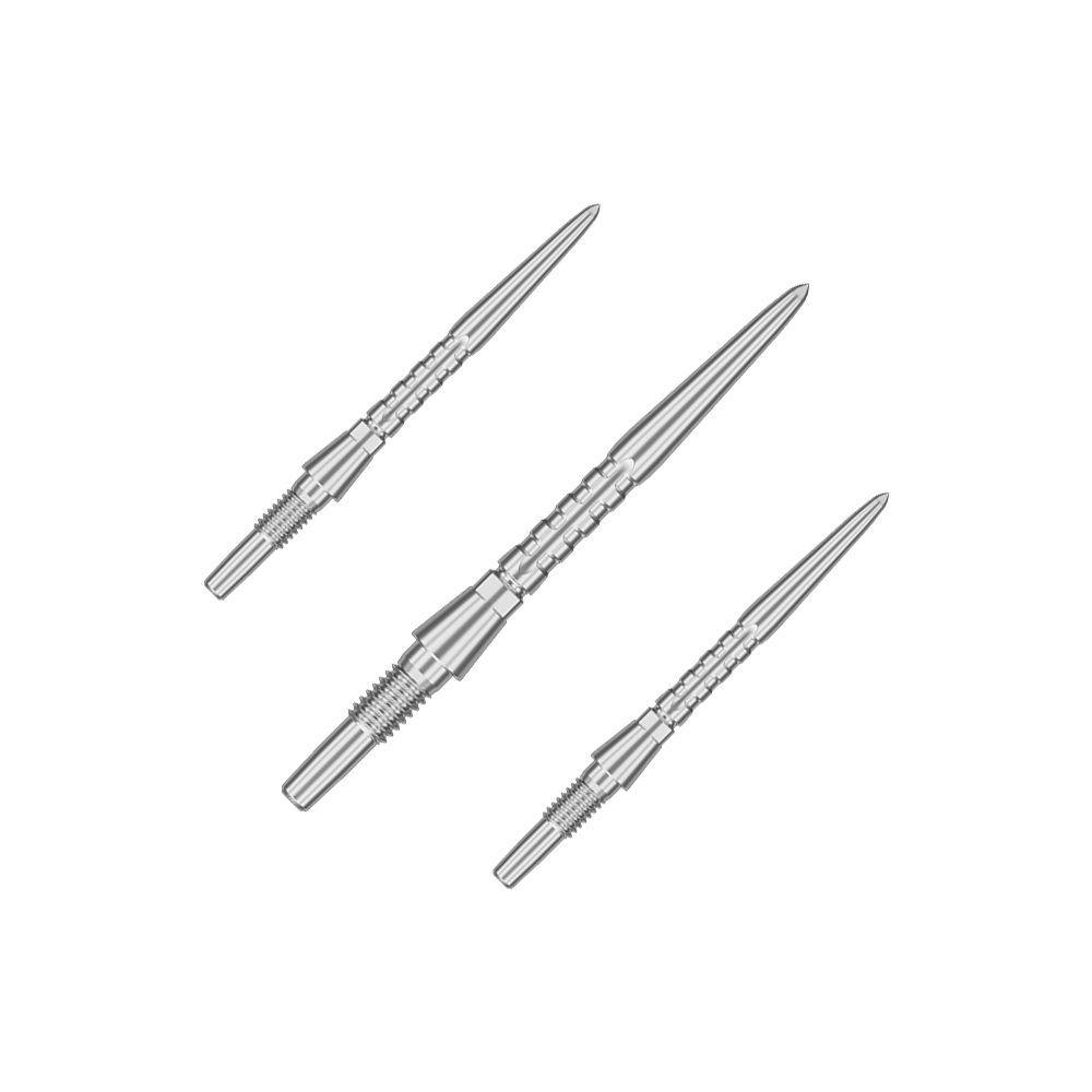 Target Swiss Point Storm Surge steel dart tips - silver Auf dem Bild sind drei silberne Steeldartspitzen abgebildet. Sie sind schmal, metallisch und haben ein präzises, geriffeltes Design.
