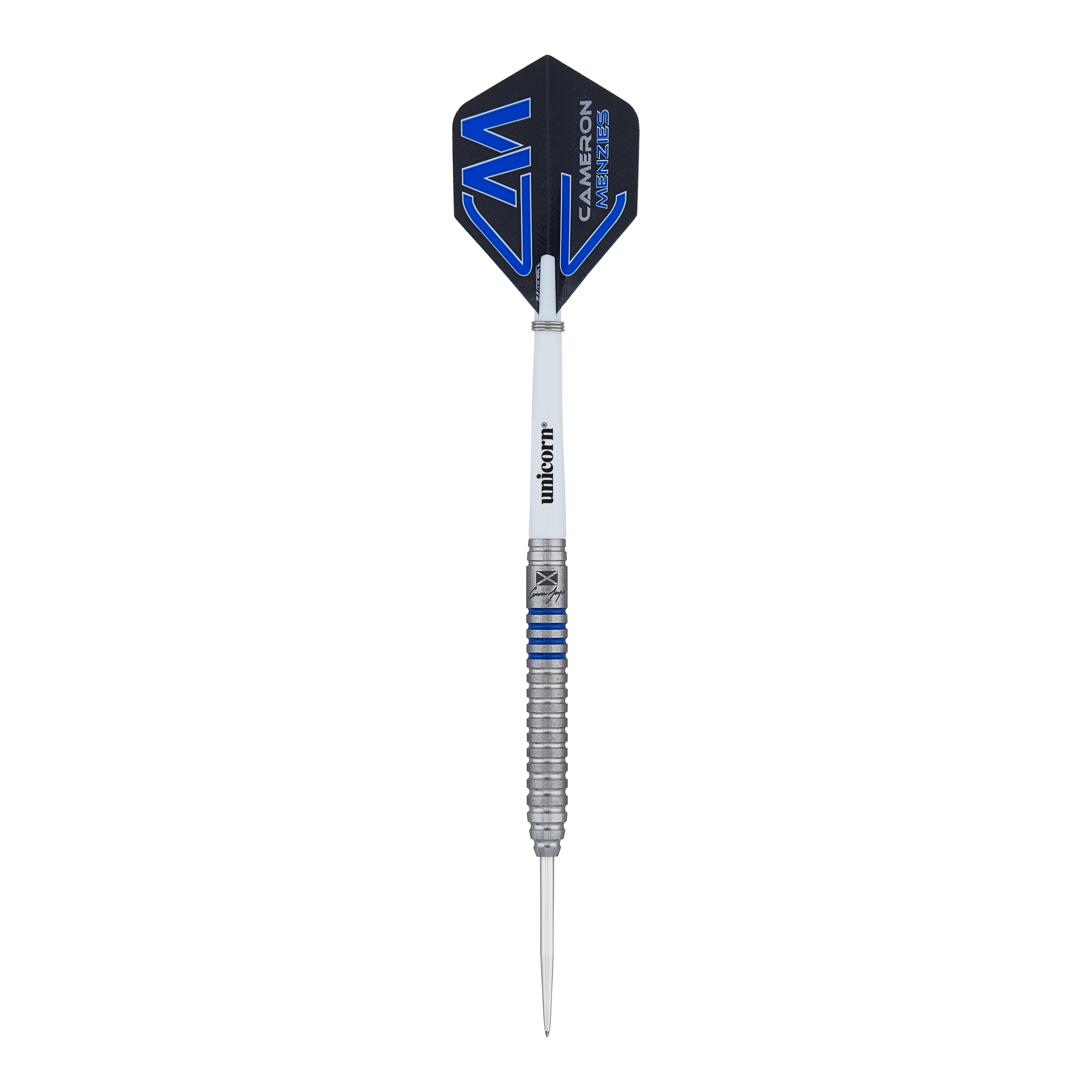 Unicorn Contender Camerion Menzies Steel Darts - 23g Das Bild zeigt einen Unicorn Contender Cameron Menzies Steeldart mit einem Gewicht von 23 Gramm. Der Dart hat ein silbernes Barrel mit blauen Akzenten und einem schwarzen Flights mit blauem Design.