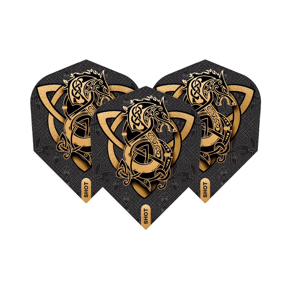 Shot Viking Wolf No. 6 Flights Das Bild zeigt drei Dartflights des Produkts "Shot Viking Wolf No6 Flights". Sie sind schwarz mit einem goldenen, wikinger-inspirierten Wolfsmotiv verziert.