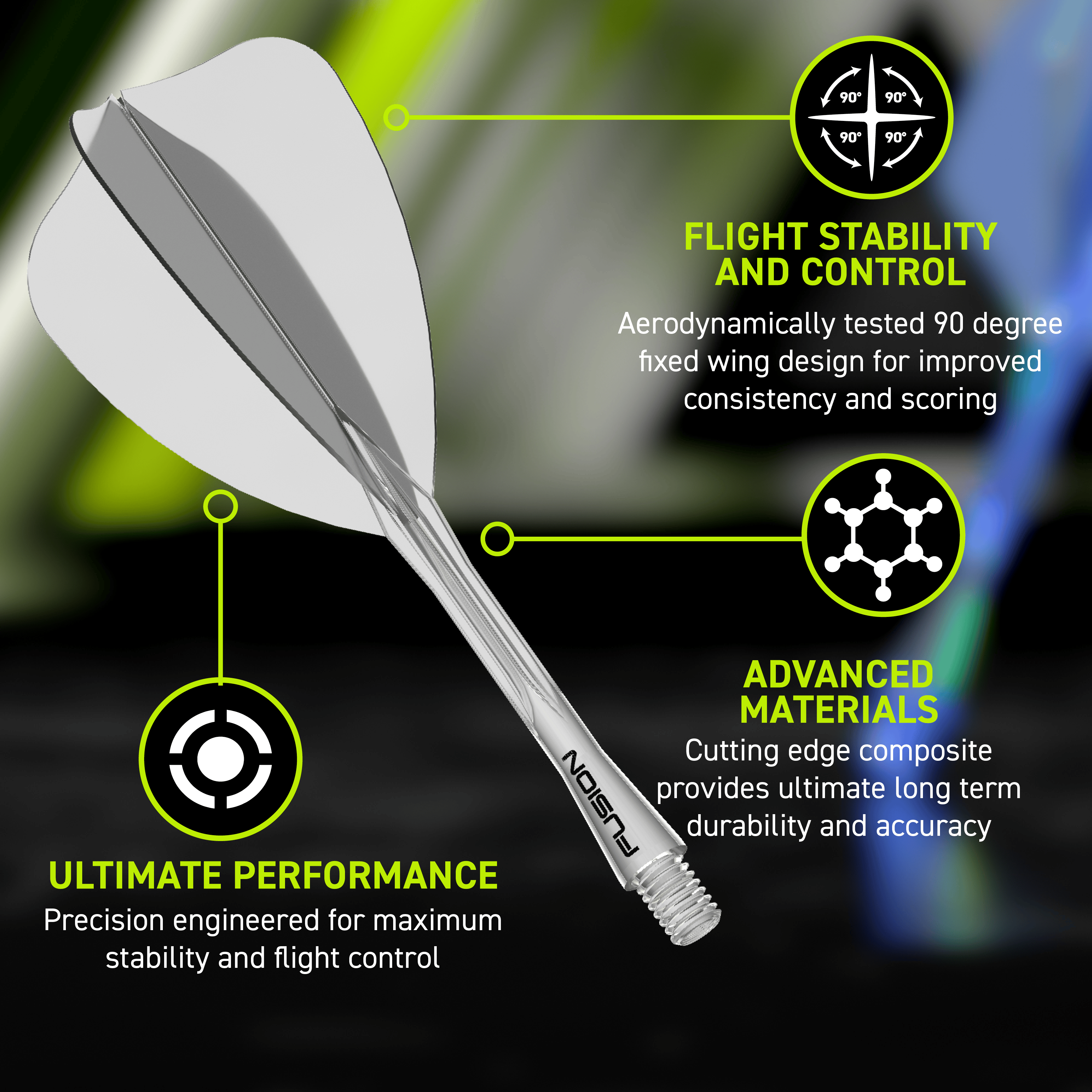 Das Bild zeigt erneut das Winmau Fusion Flight-Shaft-System Arrow Clear. Dies ist eine weitere Darstellung des klaren Flightschafts für Darts.