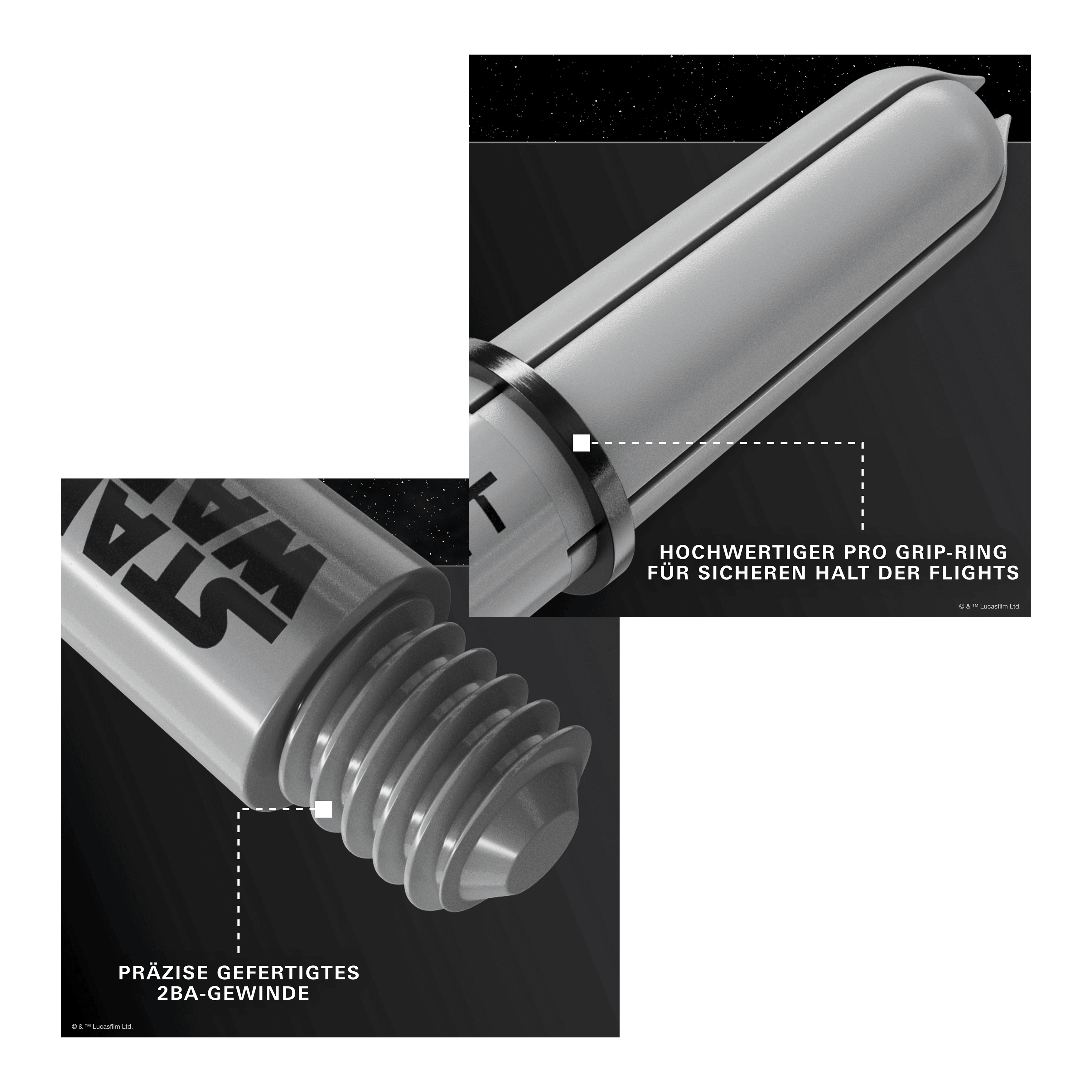 Gezeigt wird das Produkt Target Star Wars ProGrip Shafts - Grau. Die robusten Dartschäfte sind in Grau gehalten.