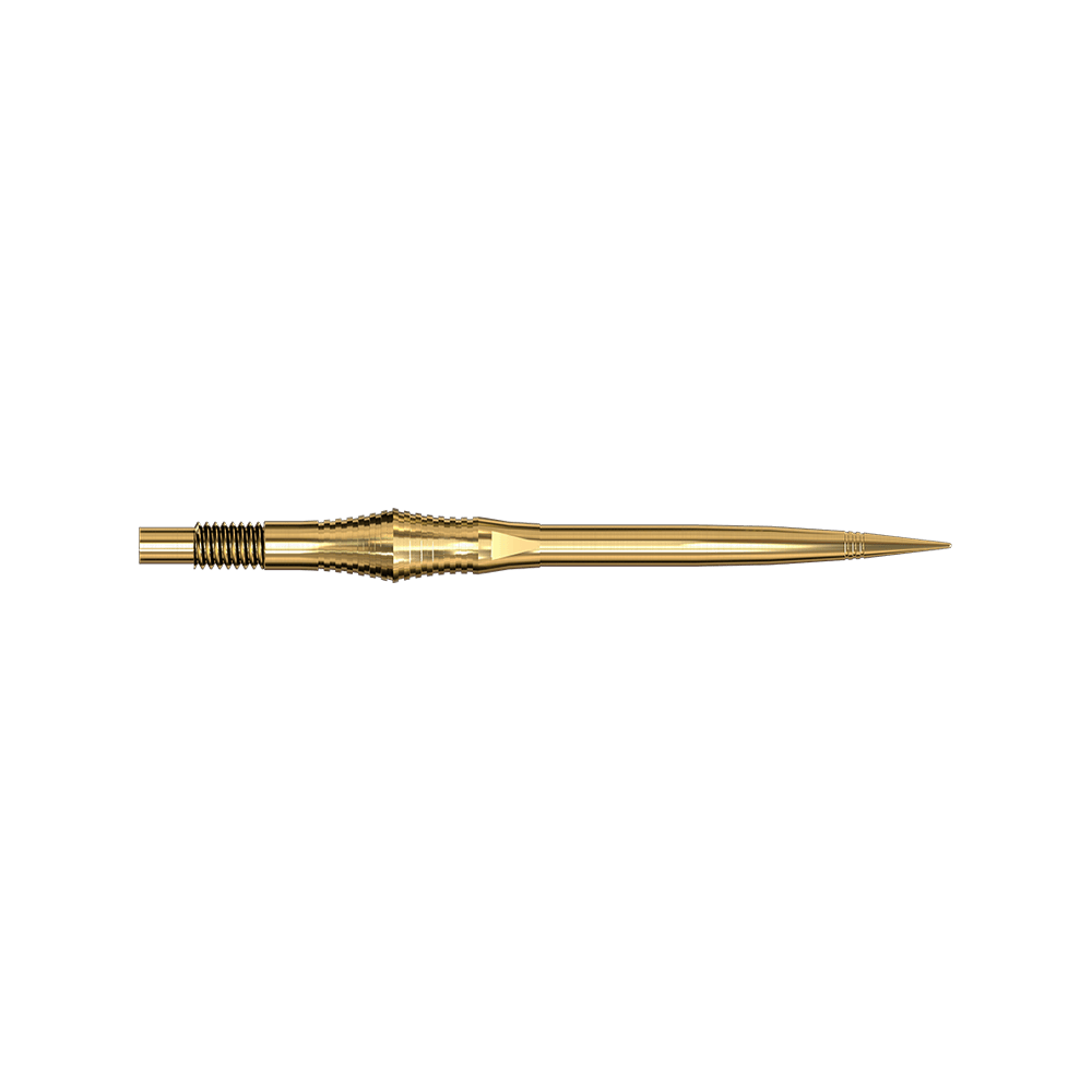 Harrows Quick Point Spire Elite Series Dartspitzen - Gold Spire Gold Elite Serie Dartspitzen in 35mm Länge sind abgebildet. Die Spitzen sind schmal und gold.
