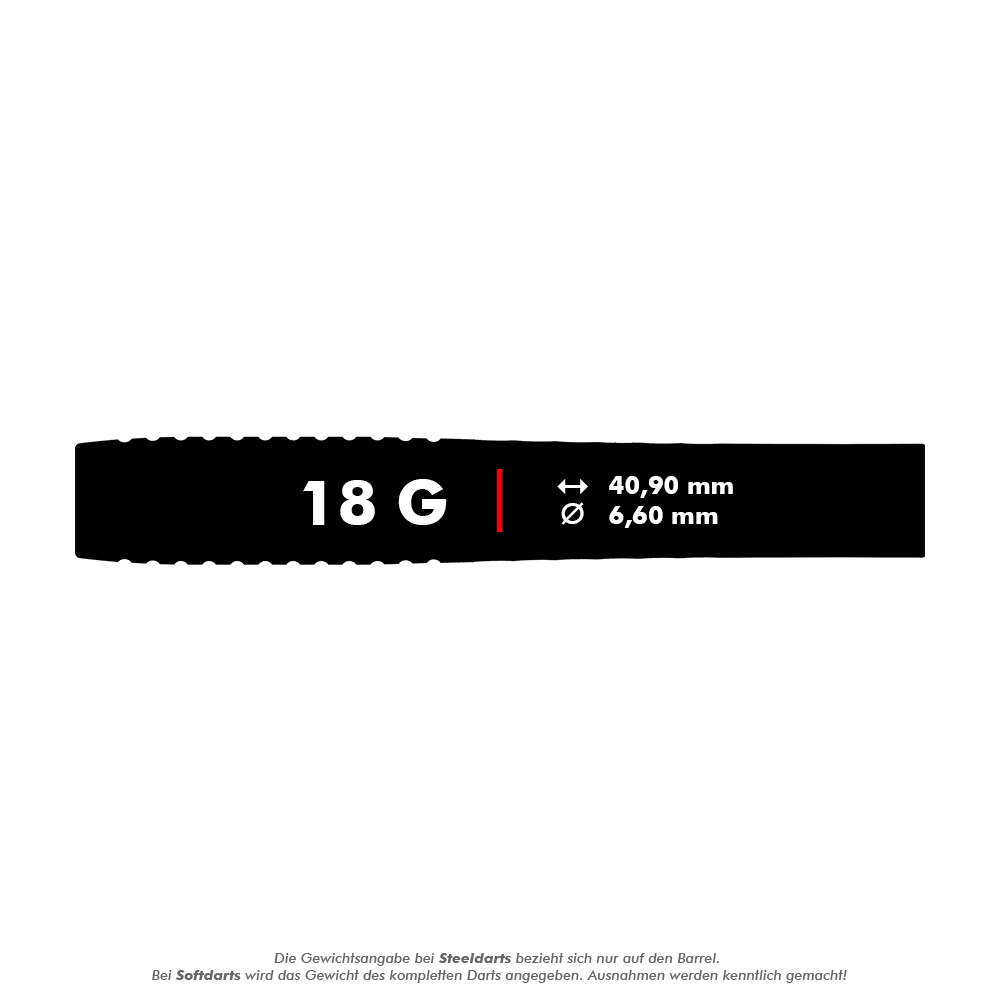 Target Stephen Bunting GEN5 Soft Darts - 18g Das Bild zeigt die Produktdetails der "Target Stephen Bunting GEN5 Softdarts - 18g". Die Darts wiegen 18 Gramm, sind 40,90 mm lang und haben einen Durchmesser von 6,60 mm.