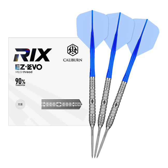 Caliburn Rix EZ-EVO R4 steel darts Das Foto zeigt die Caliburn Rix EZ-EVO R4 Steeldarts in voller Ansicht. Die Darts sind modern gestaltet und für professionelle Spieler geeignet.