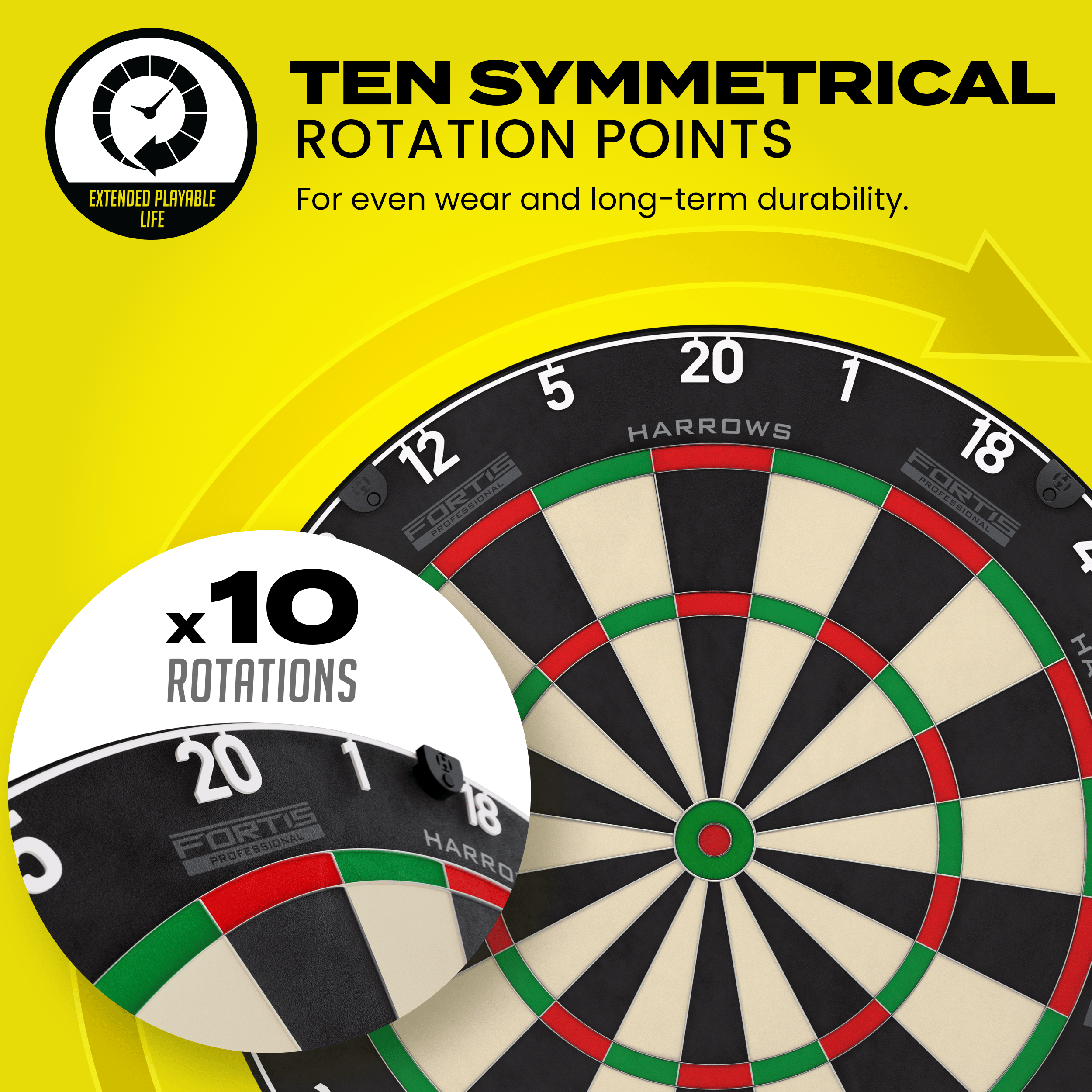 Das Bild zeigt das Produkt Harrows Fortis Steeldartboard. Es handelt sich um eine Steeldartscheibe für das Dartspiel.