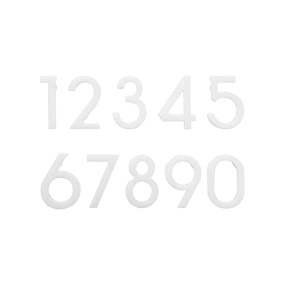 McDart Dartboard Replacement Numbers Das Bild zeigt weiße Ersatznummern von 0 bis 9 für eine Dartscheibe. Die Zahlen sind nebeneinander in zwei Reihen angeordnet.
