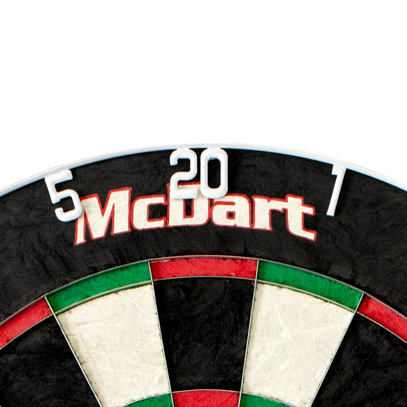 65008_McDart_Scopus_Master_HD-Zahlenring_3 Das Bild zeigt einen Ausschnitt eines Dartboards mit dem Produktnamen "McDart Master HD-Zahlenring / Nummernring" gut sichtbar. Die Zahlenringe 5, 20 und 1 sind oben am Dartboard angebracht.