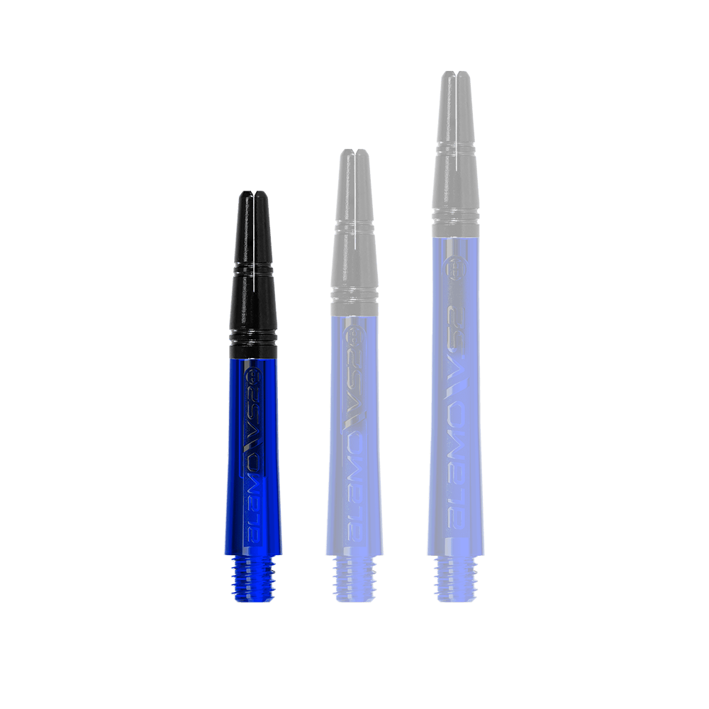 Harrow's Alamo VS2 Shafts - Blue Auf dem Bild sind drei blaue Dartschäfte in unterschiedlichen Längen zu sehen. Die Schäfte haben jeweils ein schwarzes Oberteil und einen Schraubgewinde am unteren Ende.