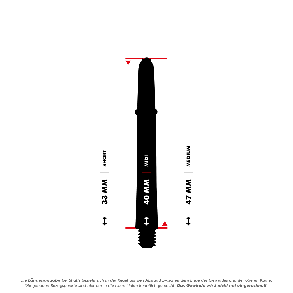 Das Bild zeigt eine Maßgrafik für die Harrows Supergrip Fusion Shafts in Grün. Es werden die drei Längen Short (33 mm), Midi (40 mm) und Medium (47 mm) dargestellt.