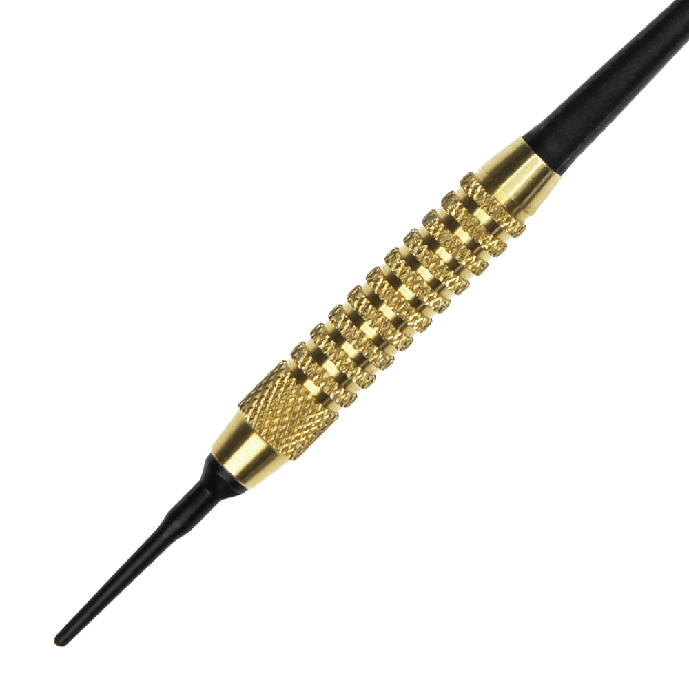 621_Automatenpfeile_Set_2 Das Bild zeigt einen einzelnen Automatenpfeil mit einer goldfarbenen, geriffelten Griffzone und einer schwarzen Spitze. Der Pfeil ist für das Dartspiel an Automaten geeignet.