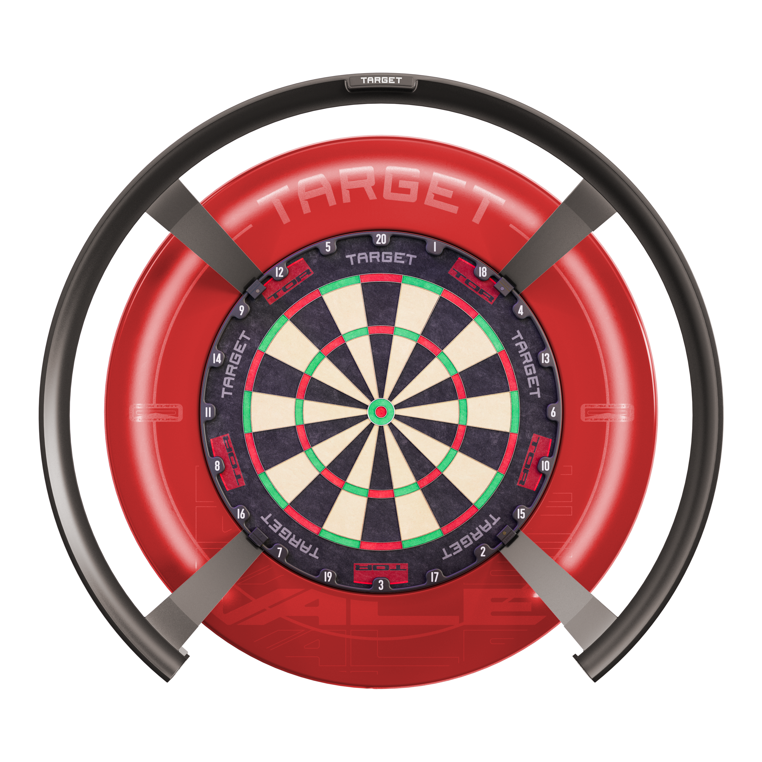Target OMNI auto-scoring system Das Bild zeigt das Produkt "Target OMNI Auto-Scoring-System", ein innovatives elektronisches System für Dartspiele. Es besteht aus einem Dartboard mit einem kreisförmigen automatischen Punktesystem und einer markanten roten Umrandung.