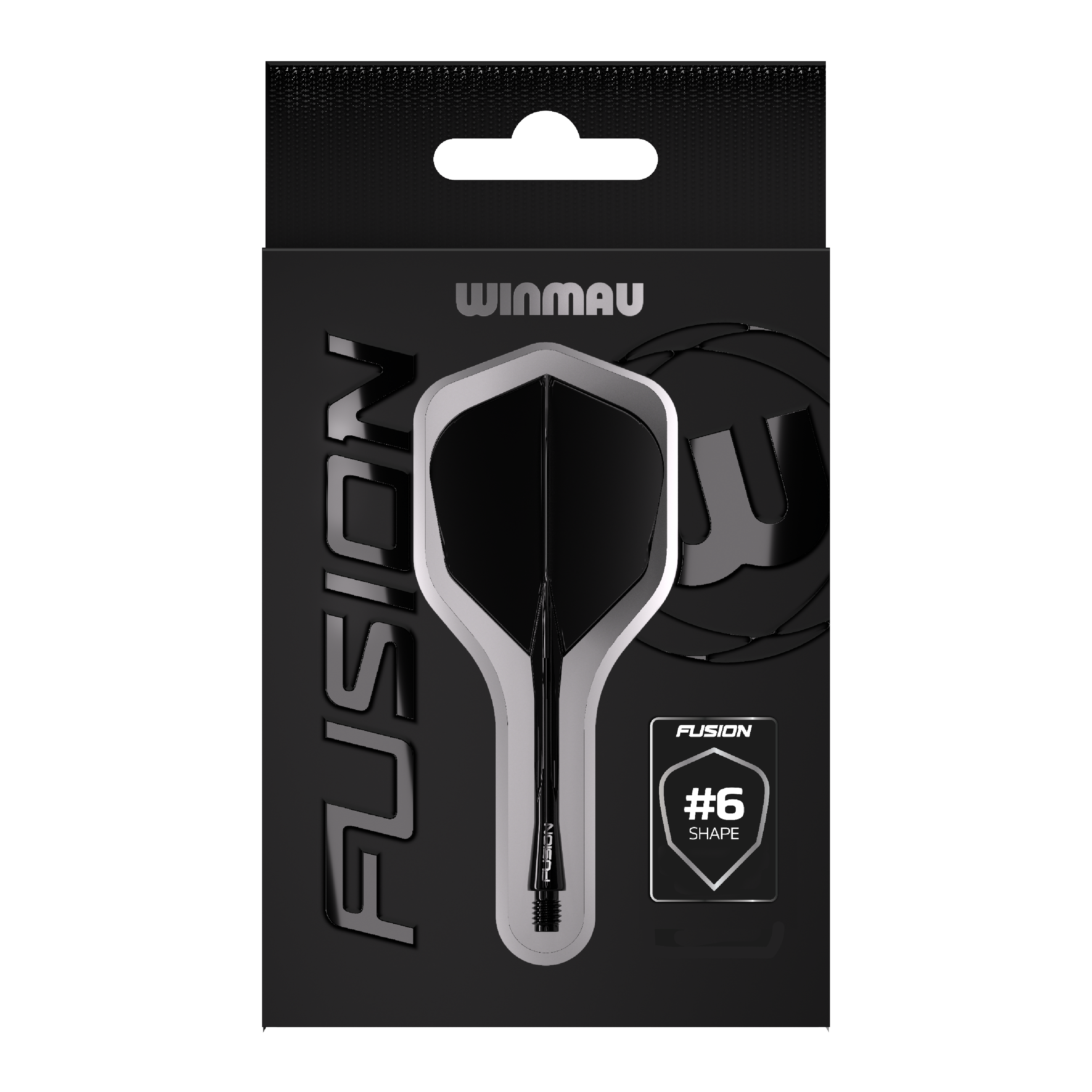 Winmau Fusion Flight Shaft System No6 Black Das Bild zeigt eine Verpackung des Winmau Fusion Flight Shaft Systems in Schwarz. Auf der Verpackung steht, dass es sich um die Form Nummer 6 handelt.