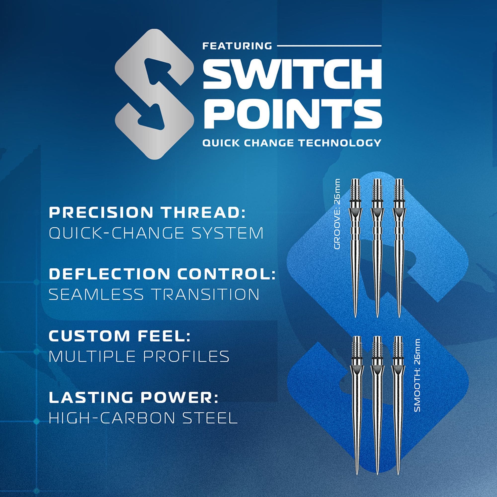 Das Bild zeigt die Winmau Lunaris Tapered Switch Point Steeldarts. Die Darts haben ein modernes Design und sind für präzises Spielen entwickelt.