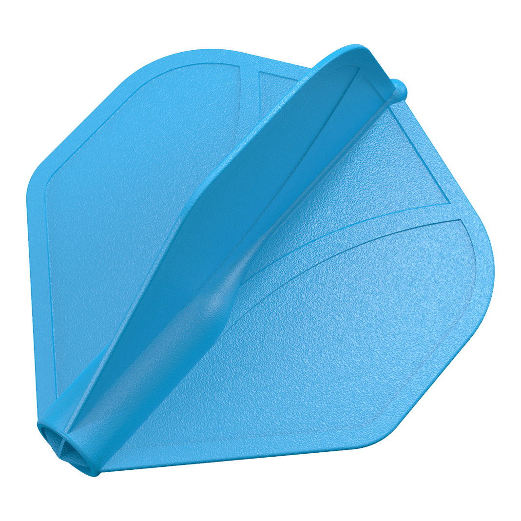 Shot Airfoil Molded No2 Standard Flights Das Bild zeigt ein blaues Dartflügel-Set mit strukturierter Oberfläche. Die Flügel sind in einer aerodynamischen Form modelliert.
