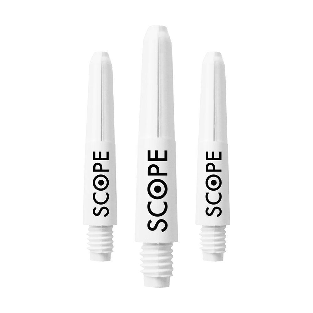 524_McDart_Scope_Nylon_Shafts_Weiss_28mm_1rvy8qKcb0ZkGV Das Bild zeigt drei weiße McDart Scope Nylon Shafts. Auf jedem Schaft steht das Wort "SCOPE" in schwarzer Schrift.