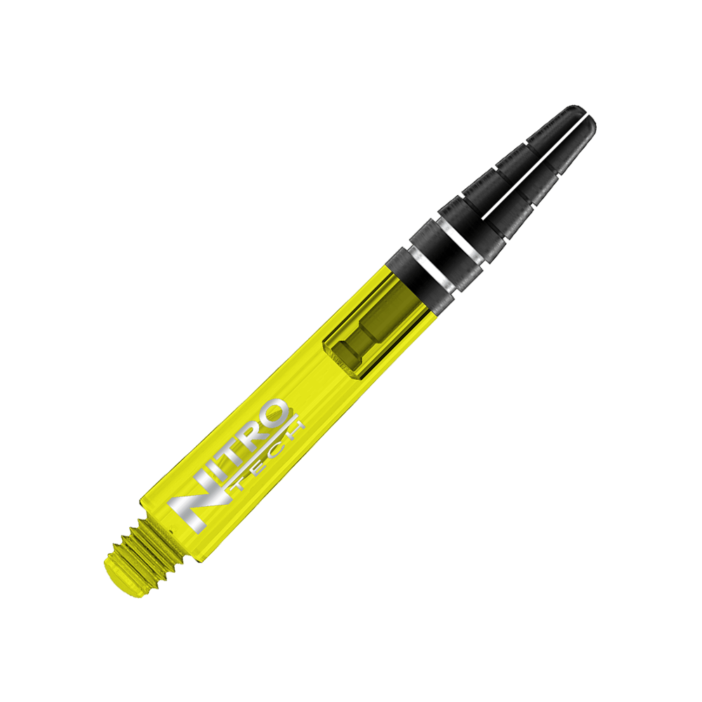 C706_Red_Dragon_Nitrotech_Shafts_Gelb_36mm_2 Das Bild zeigt einen gelben Dart-Schaft mit der Aufschrift "NITRO TECH". Der Schaft hat ein schwarzes Ende mit silbernen Ringen.
