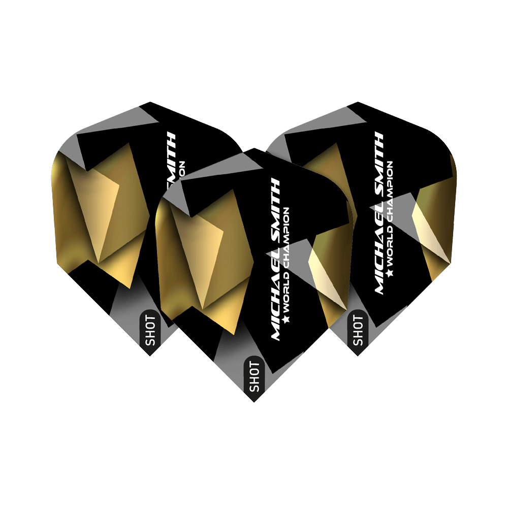 Shot Michael Smith Believe No6 Flights Das Bild zeigt drei schwarze Dart-Flights mit goldenen und silbernen Akzenten. Auf den Flights steht "MICHAEL SMITH ★ WORLD CHAMPION" und unten das Wort "SHOT".